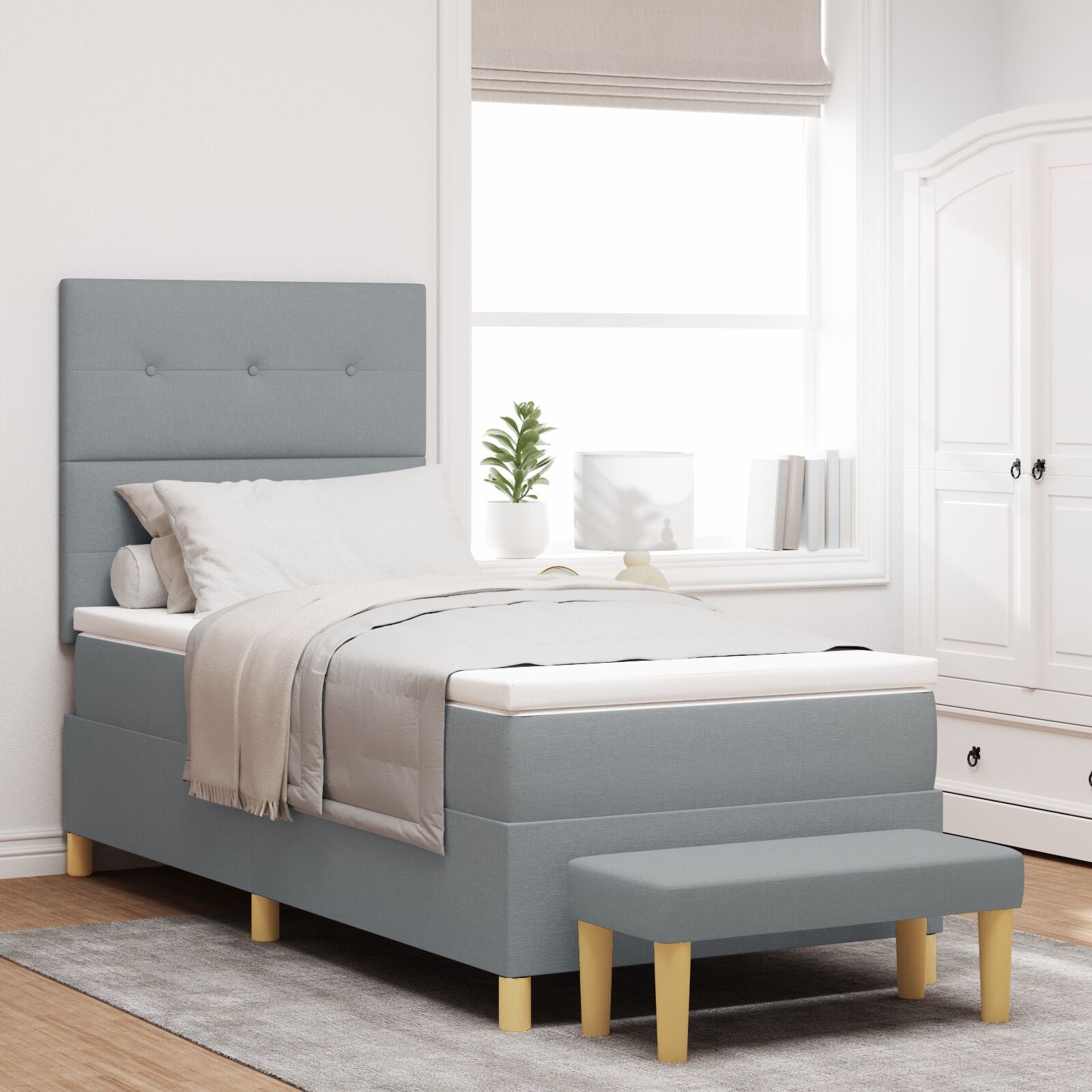 Box spring bed with mattress and light gray bench 90x190 cm fabric V3087 Vetonek