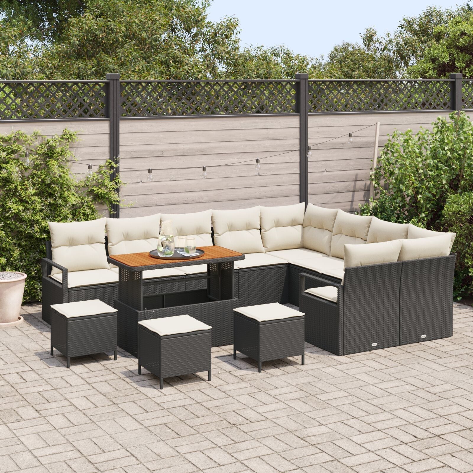 13-Piece Garden Sofa Set with Black Acacia Polyrattan Cushions, 2-Seater Garden Sofa with Storage and Black Polyrattan Cushions, 4-Piece Garden Dining Set with Black Acacia Polyrattan Cushions V6398 Vetonek