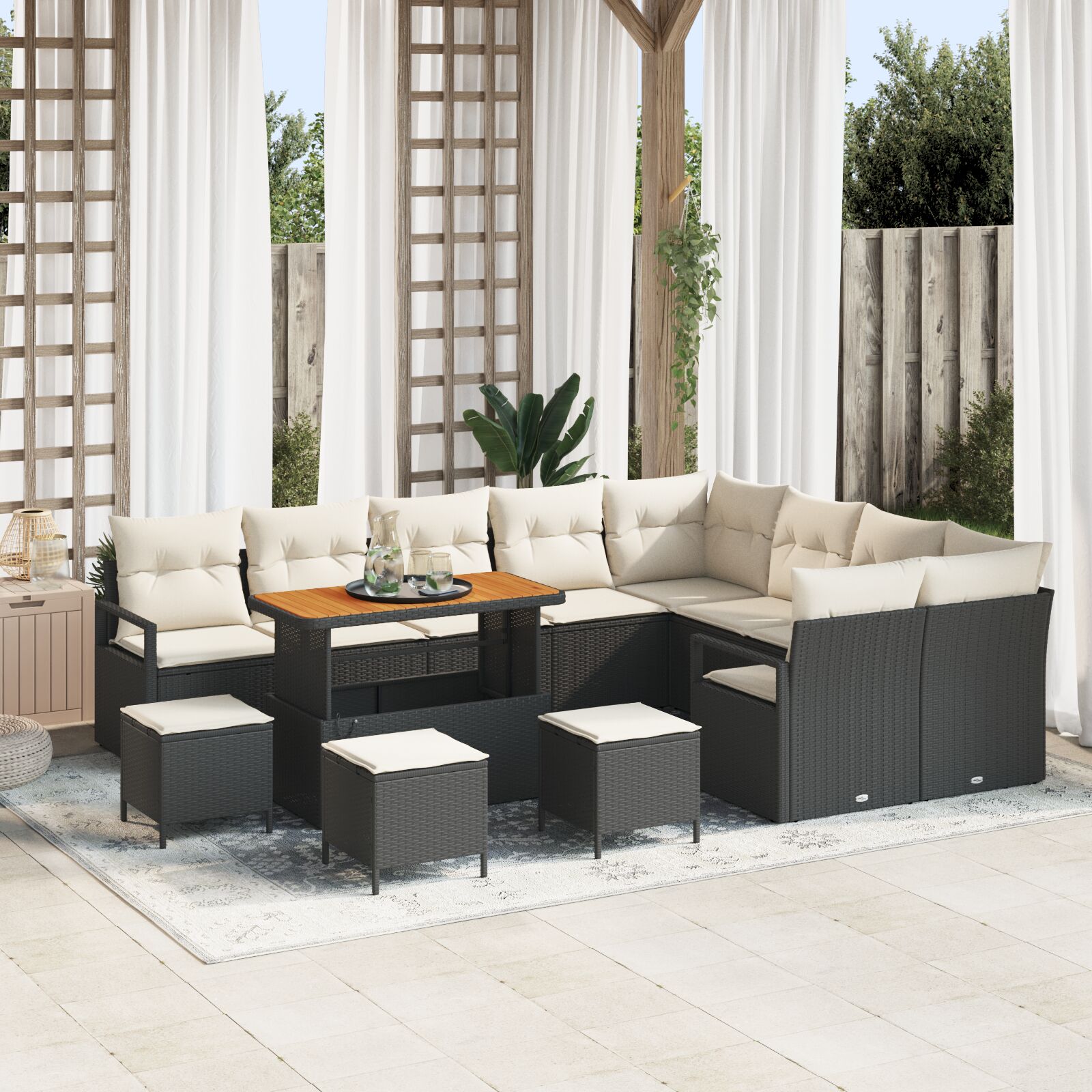 13-Piece Garden Sofa Set with Black Acacia Polyrattan Cushions, 2-Seater Garden Sofa with Storage and Black Polyrattan Cushions, 4-Piece Garden Dining Set with Black Acacia Polyrattan Cushions V6398 Vetonek
