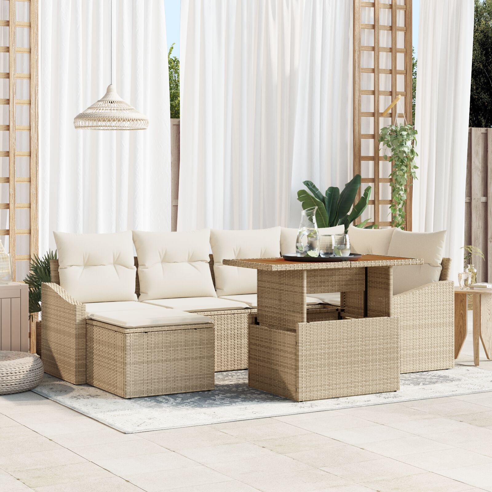 Conjunto de 7 Piezas para Comedor de Jardín con Cojines Beige de Rattan Sintético y Acacia V9757 Vetonek