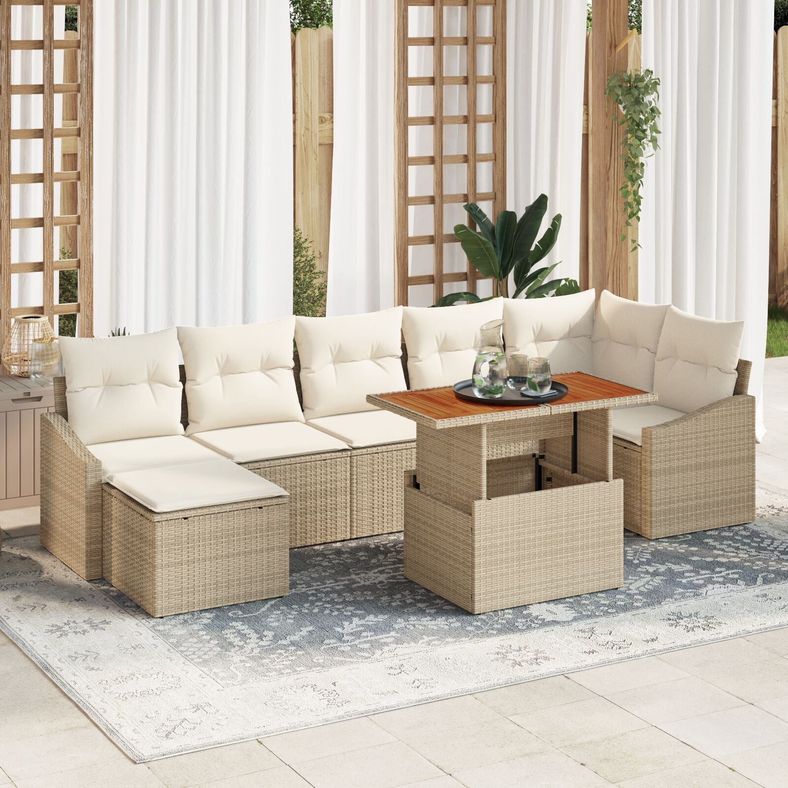8-Piece Garden Dining Set with Cushions Beige Rattan Acacia V9825 Vetonek