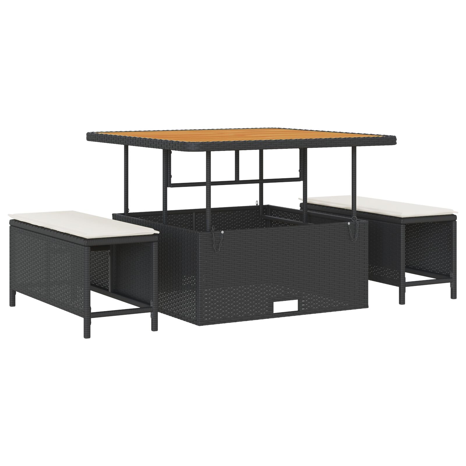 Conjunto de Comedor de Jardín de 3 Piezas con Cojines Negros de Poliratán y Acacia V0094 Vetonek