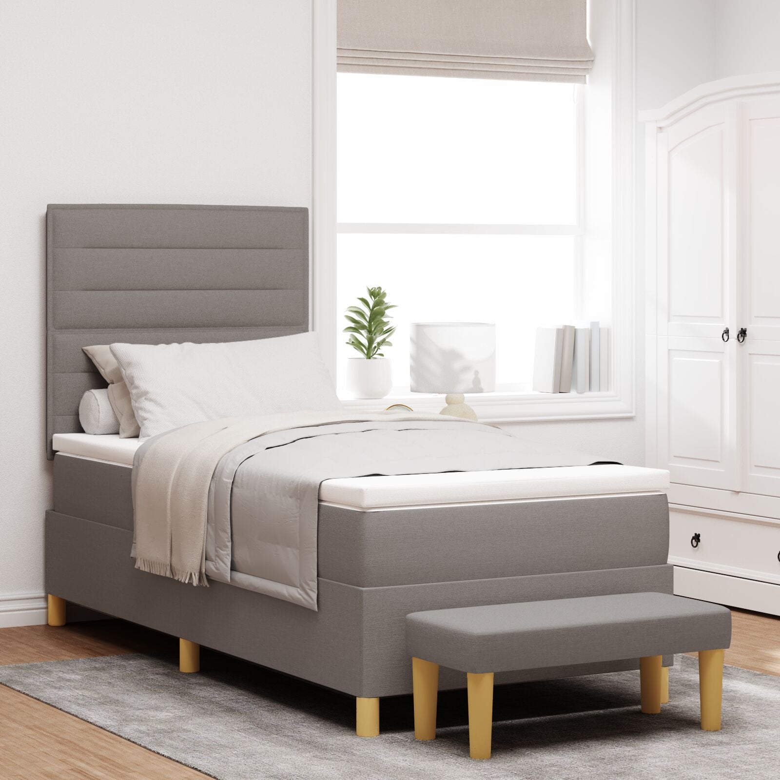 Box Spring Bed with Mattress and Taupe Bench 90x190 cm Fabric V2356 Vetonek