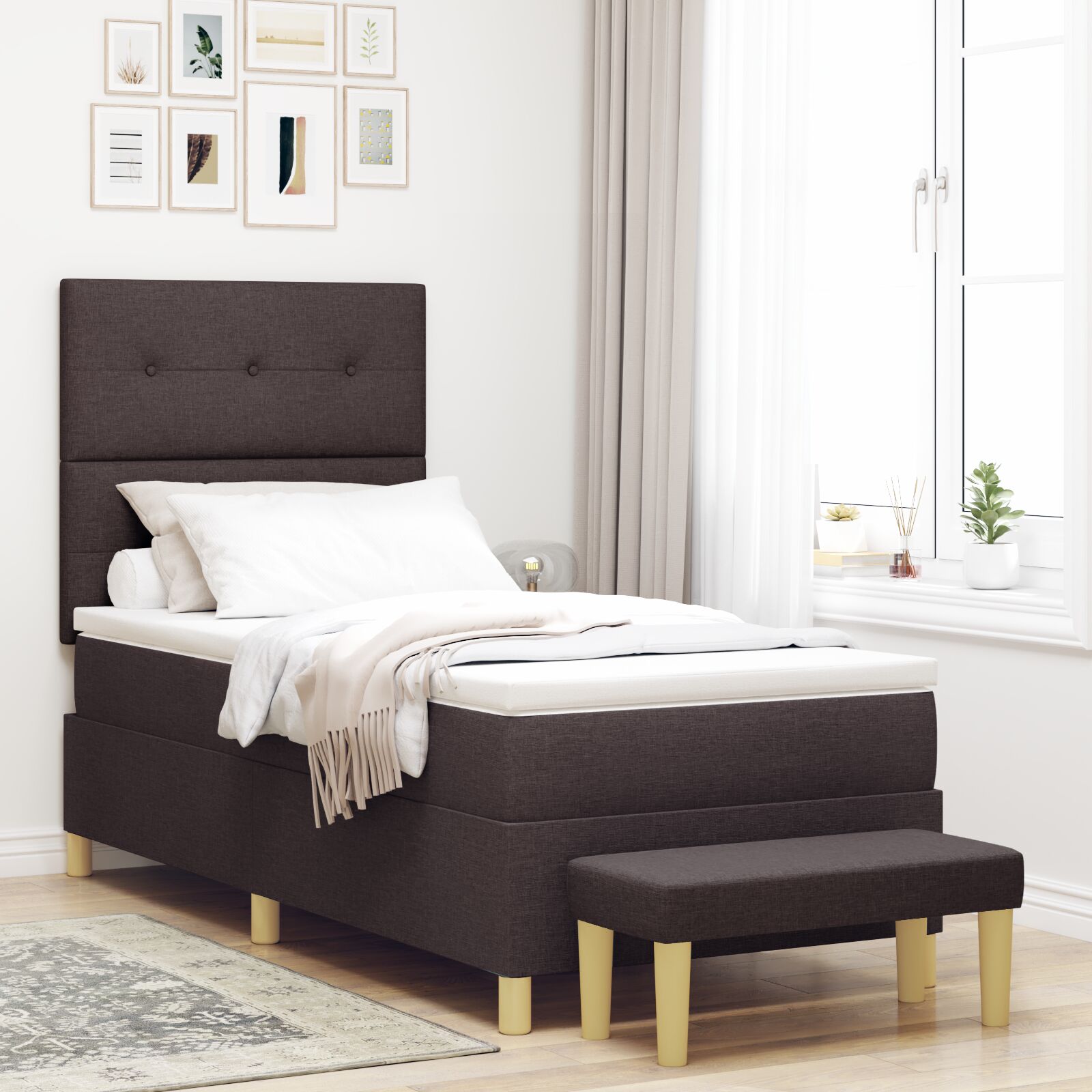 Bed with Slatted Base with Mattress and Bench Dark Brown 80x200 cm Fabric V3049 Vetonek