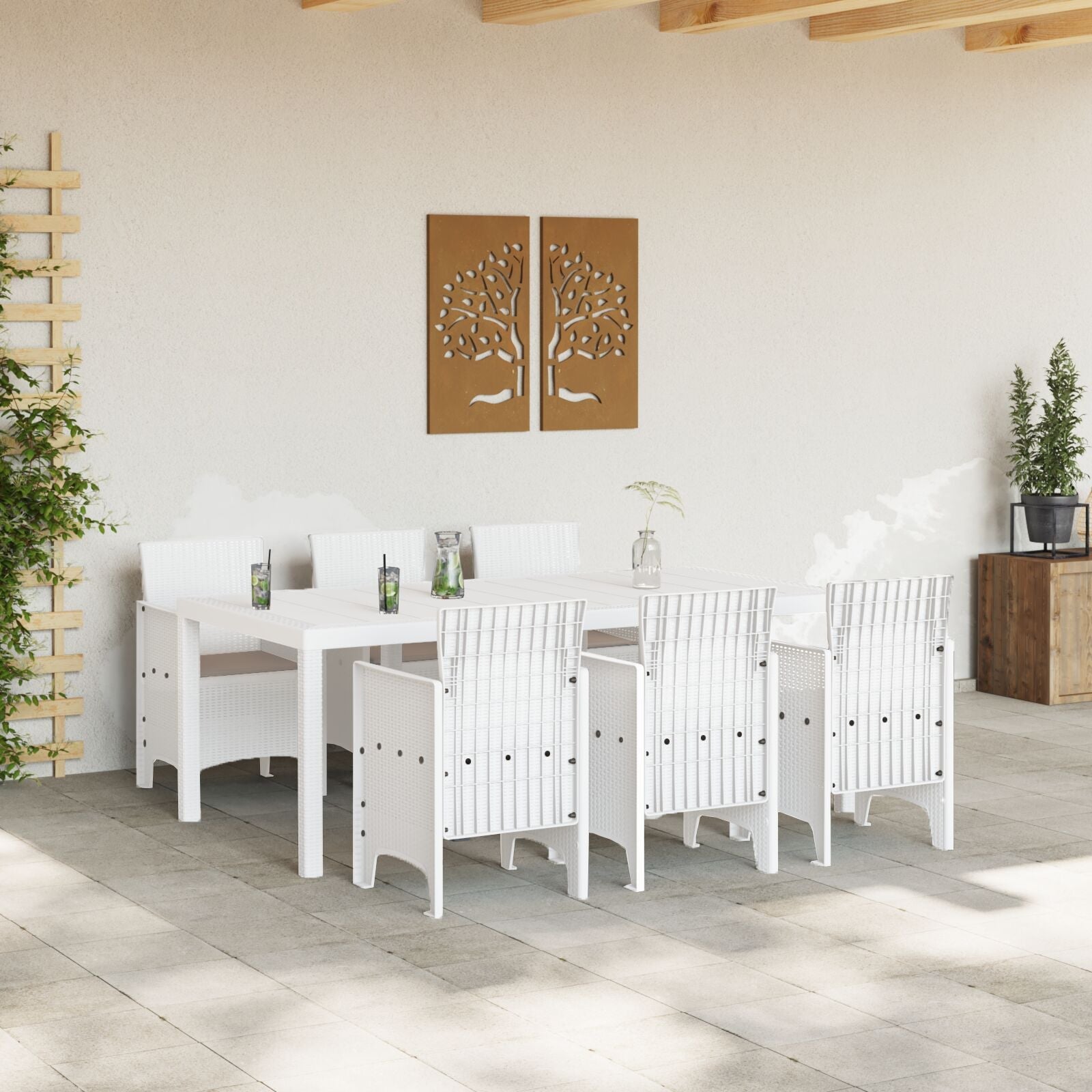 Comedor Jardín 7 Piezas con Cojines Blanco Poliratán V6752 Vetonek