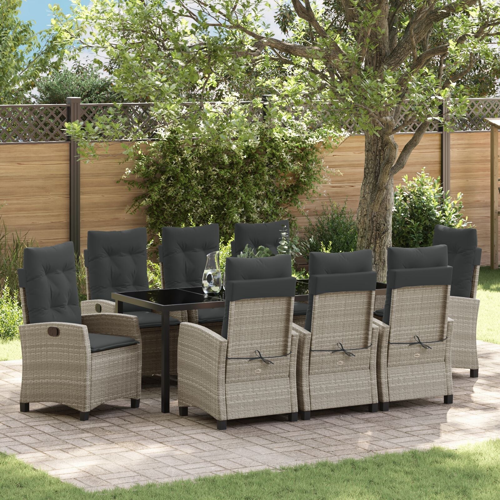 Conjunto de Comedor de Jardín de 9 Piezas con Cojines Gris Claro Poliratán V3338 Vetonek