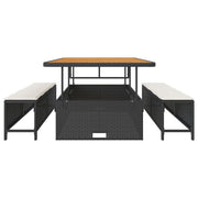 Conjunto de Comedor de Jardín de 3 Piezas con Cojines Negros de Poliratán y Acacia V0094 Vetonek