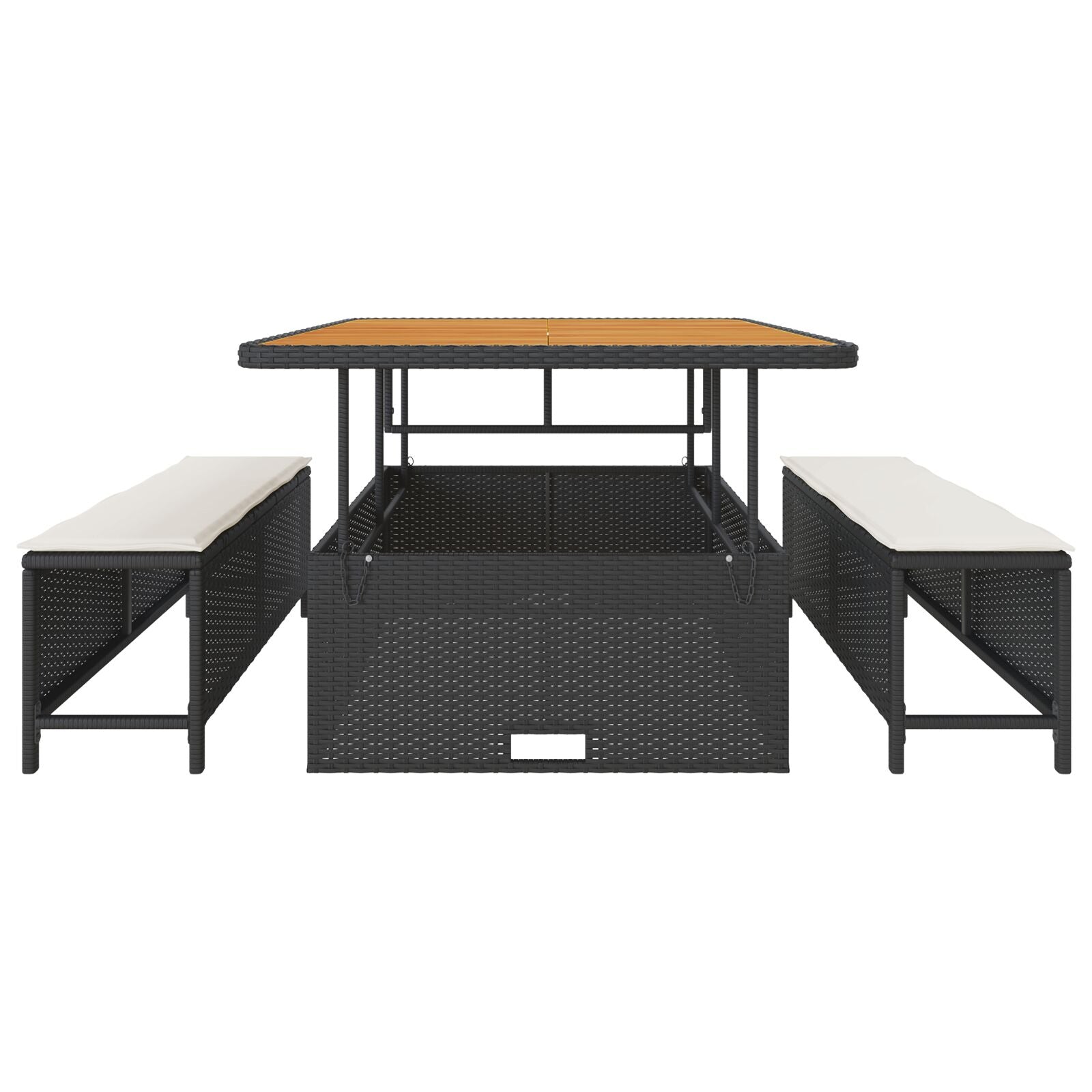 Conjunto de Comedor de Jardín de 3 Piezas con Cojines Negros de Poliratán y Acacia V0094 Vetonek