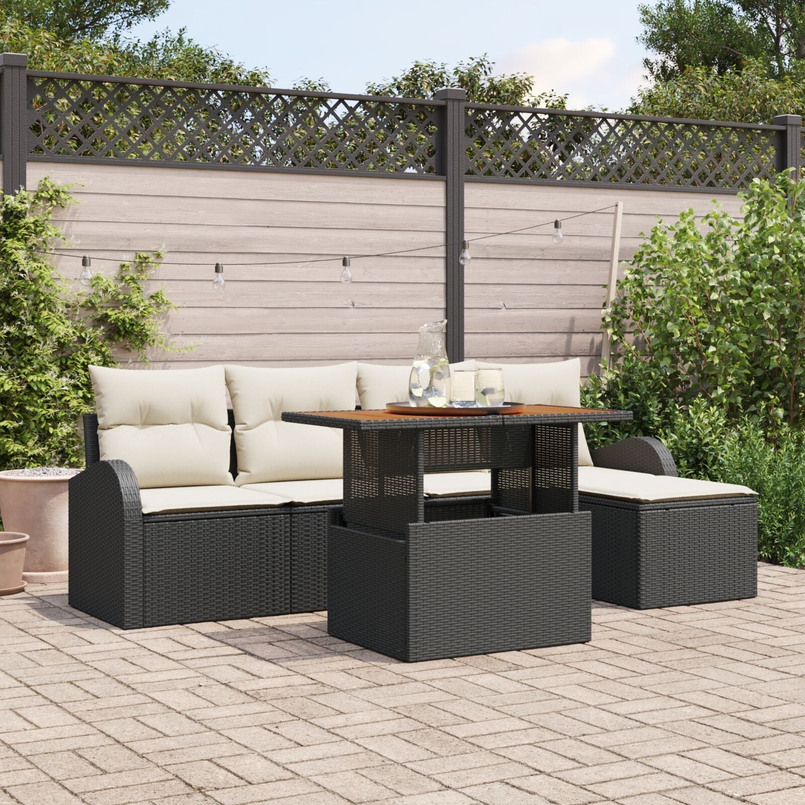6 Piece Garden Dining Set with Cushions Black Polyrattan Acacia V6855 Vetonek