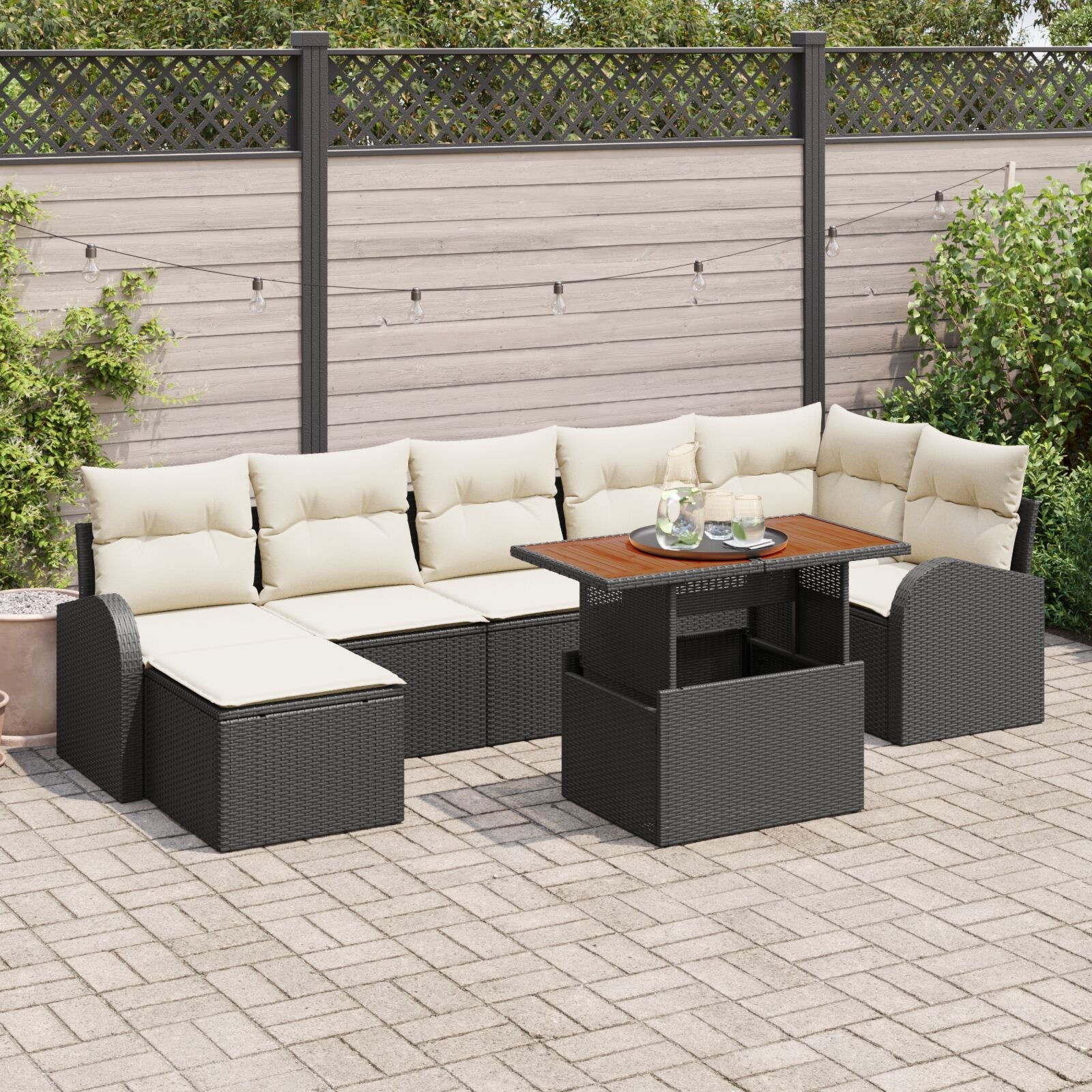 8 Piece Garden Dining Set with Cushions Black Polyester Rattan Acacia V7272 Vetonek