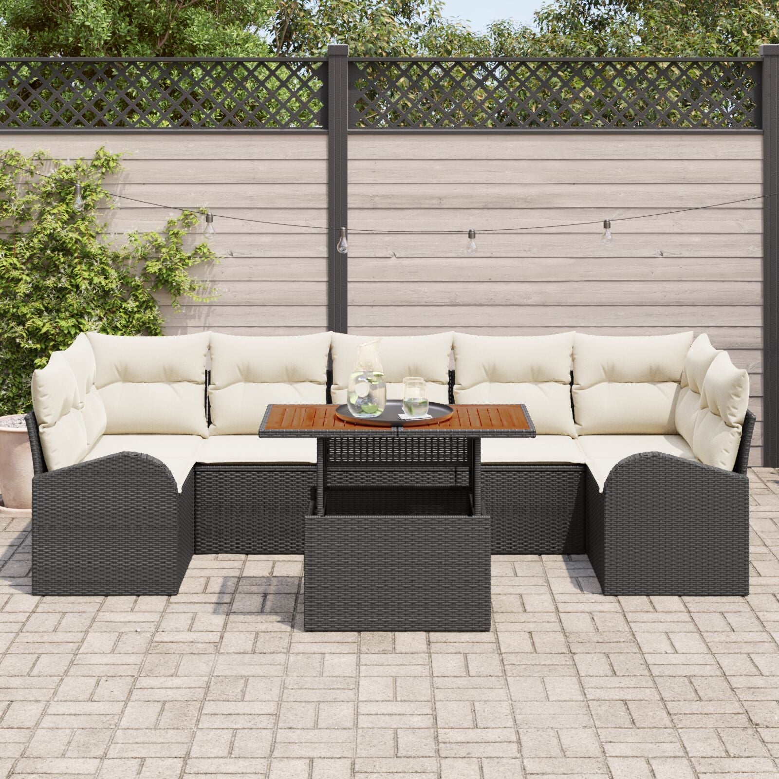 8-Piece Garden Dining Set with Black Cushions in Rattan Polypropylene Acacia V6640 Vetonek
