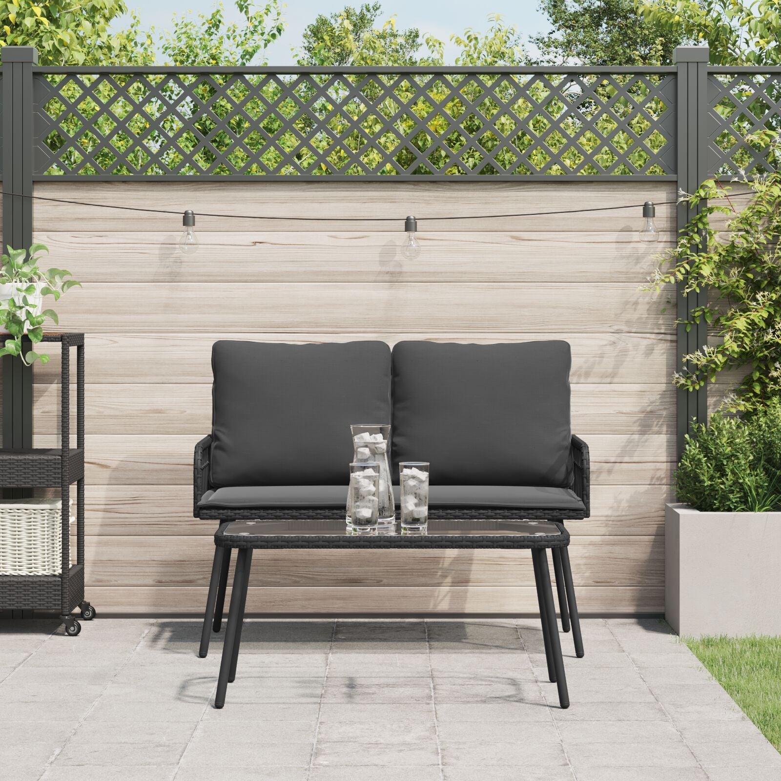 2 Piece Garden Dining Set with Cushions Black Polyester Rattan V1396 Vetonek