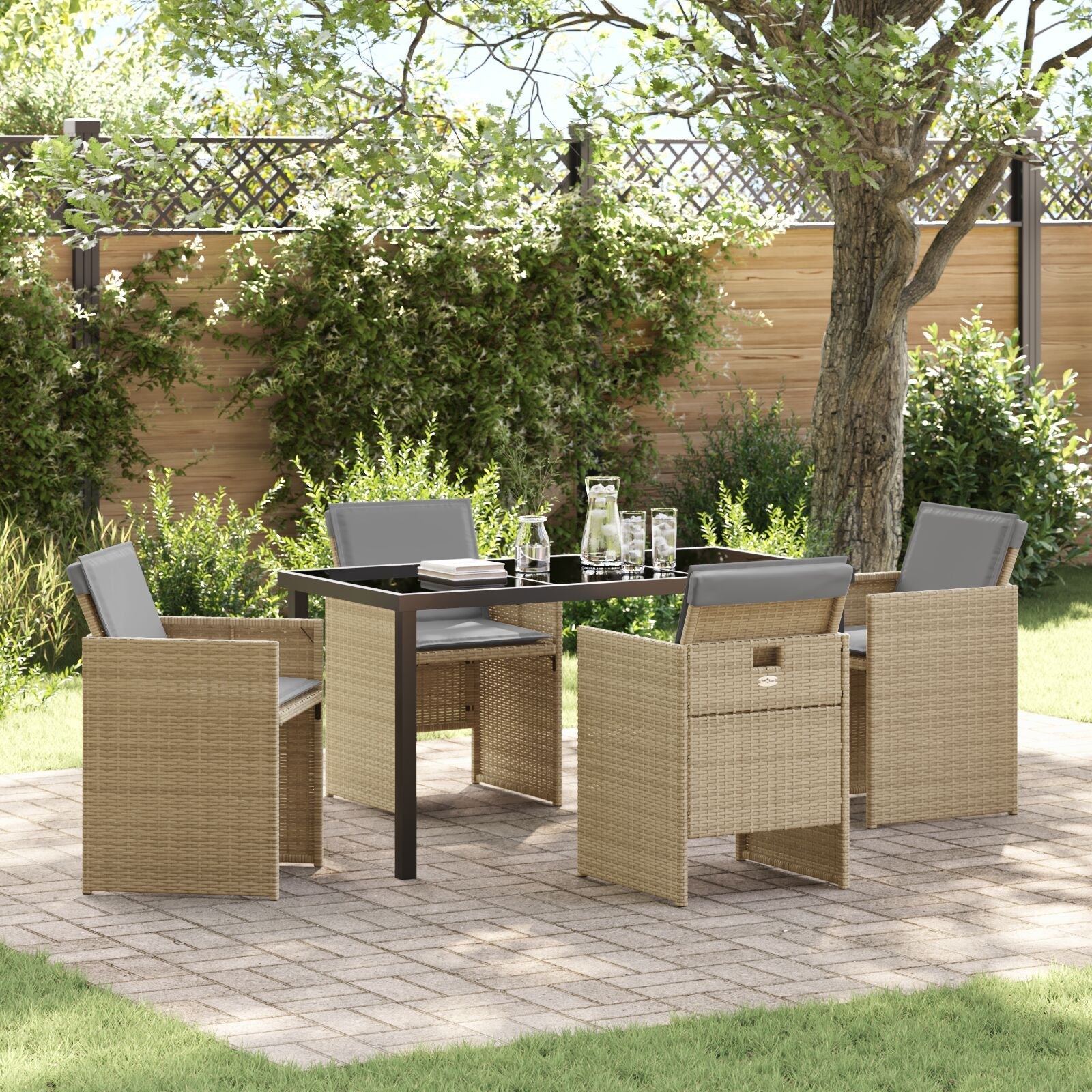 Conjunto de Comedor de Jardín  de 5 Piezas con Cojines Ratán Poli Beige V8853 Vetonek