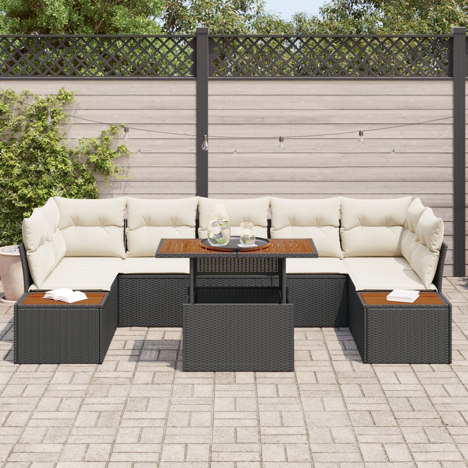 8 Piece Garden Dining Set with Cushions Black Polyester Rattan Acacia V1581 Vetonek