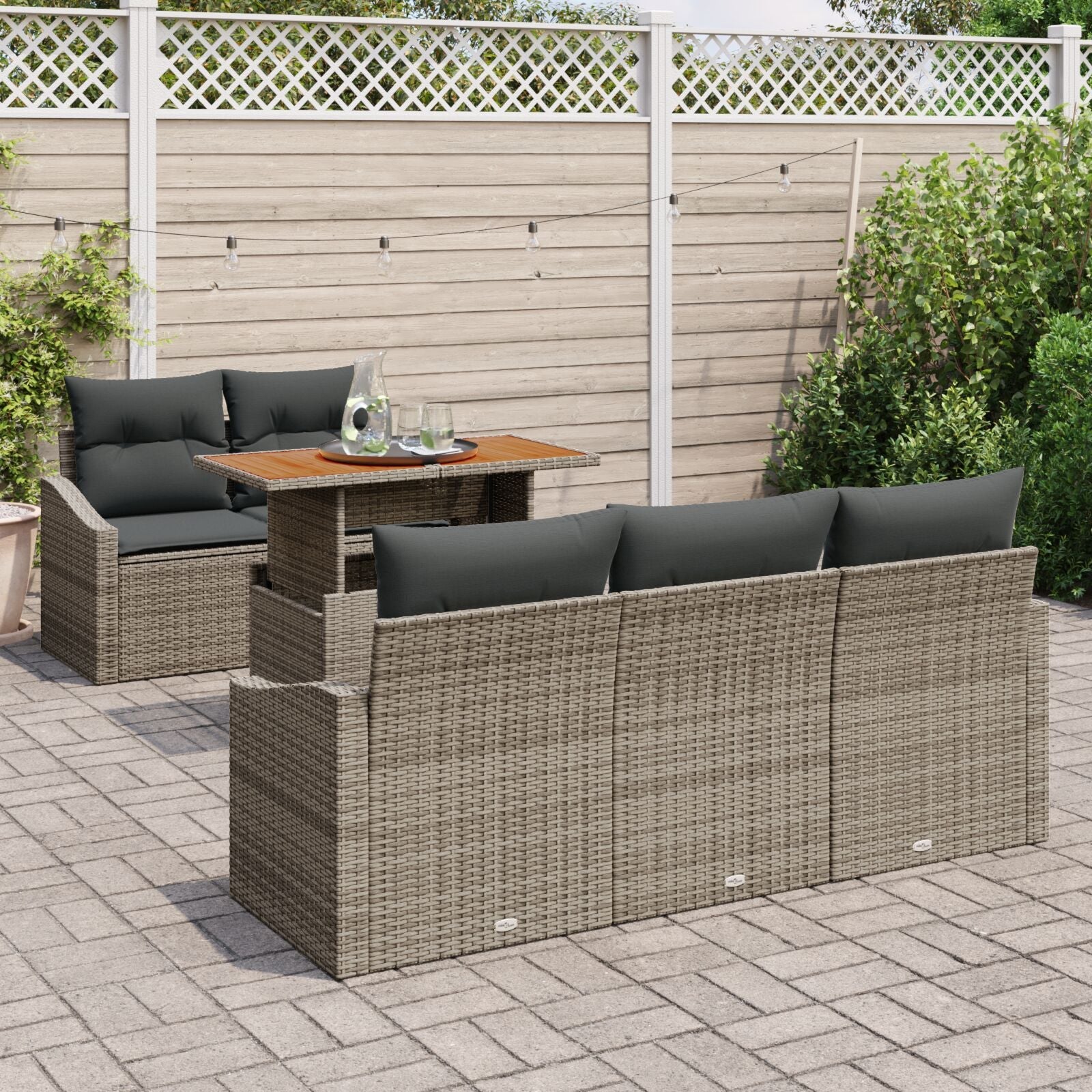 Conjunto de Comedor de Jardín de 6 Piezas con Cojines Gris Poliratán Acacia V8897 Vetonek