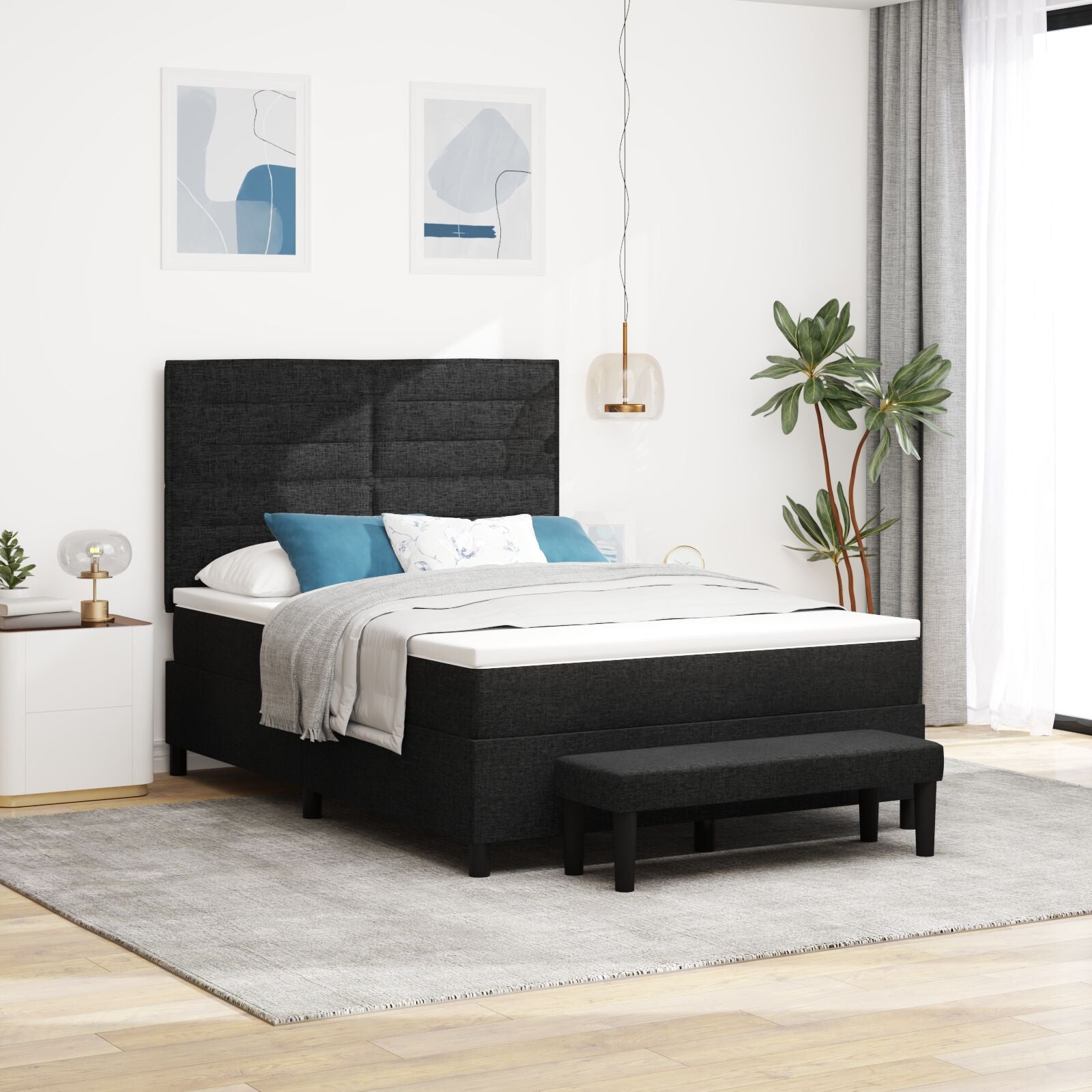 Box Spring Bed with Mattress and Black Bench 160x200 cm Fabric V0512 Vetonek