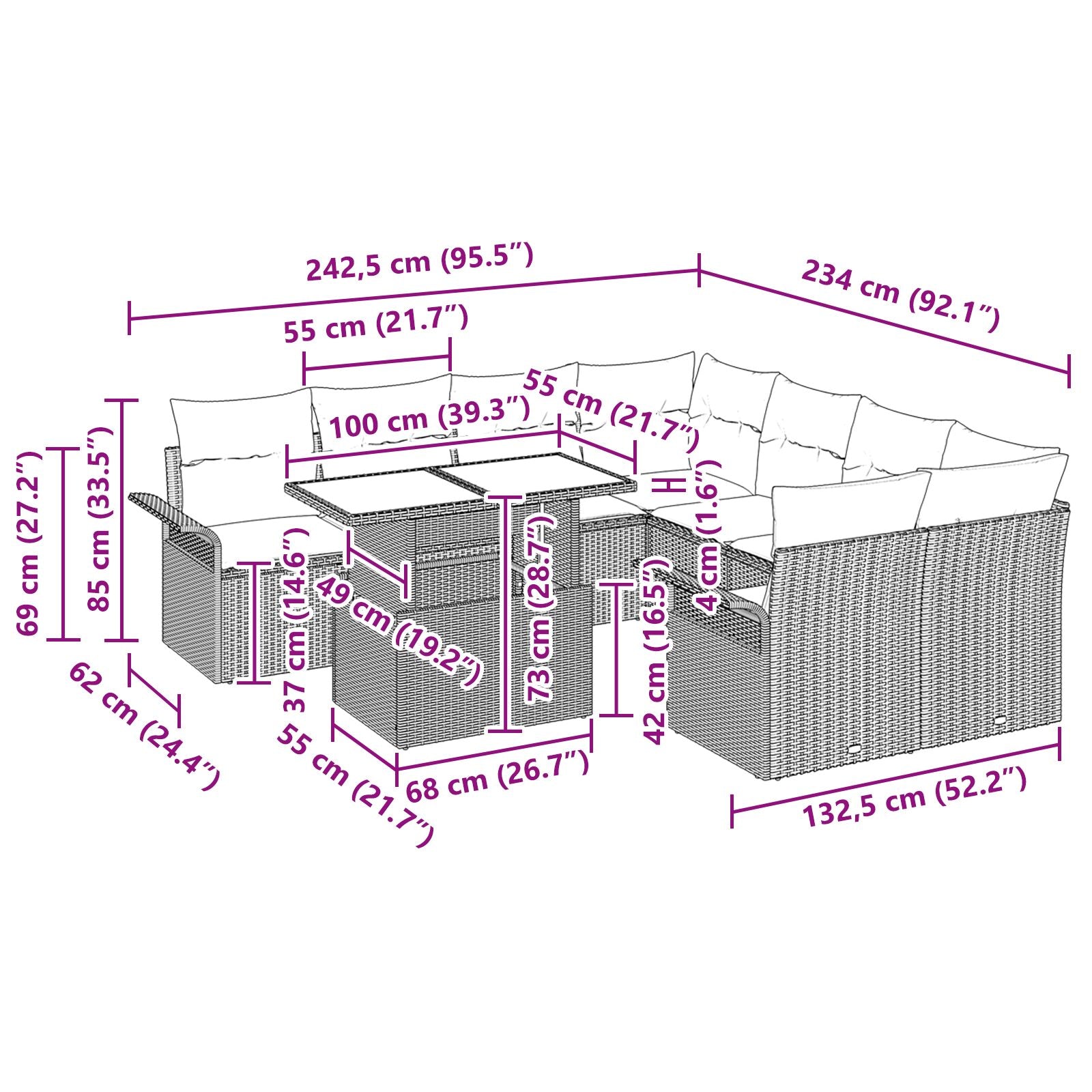 Conjunto de sofá de jardim de 9 peças com almofadas vime poliéster bege V3718 Vetonek