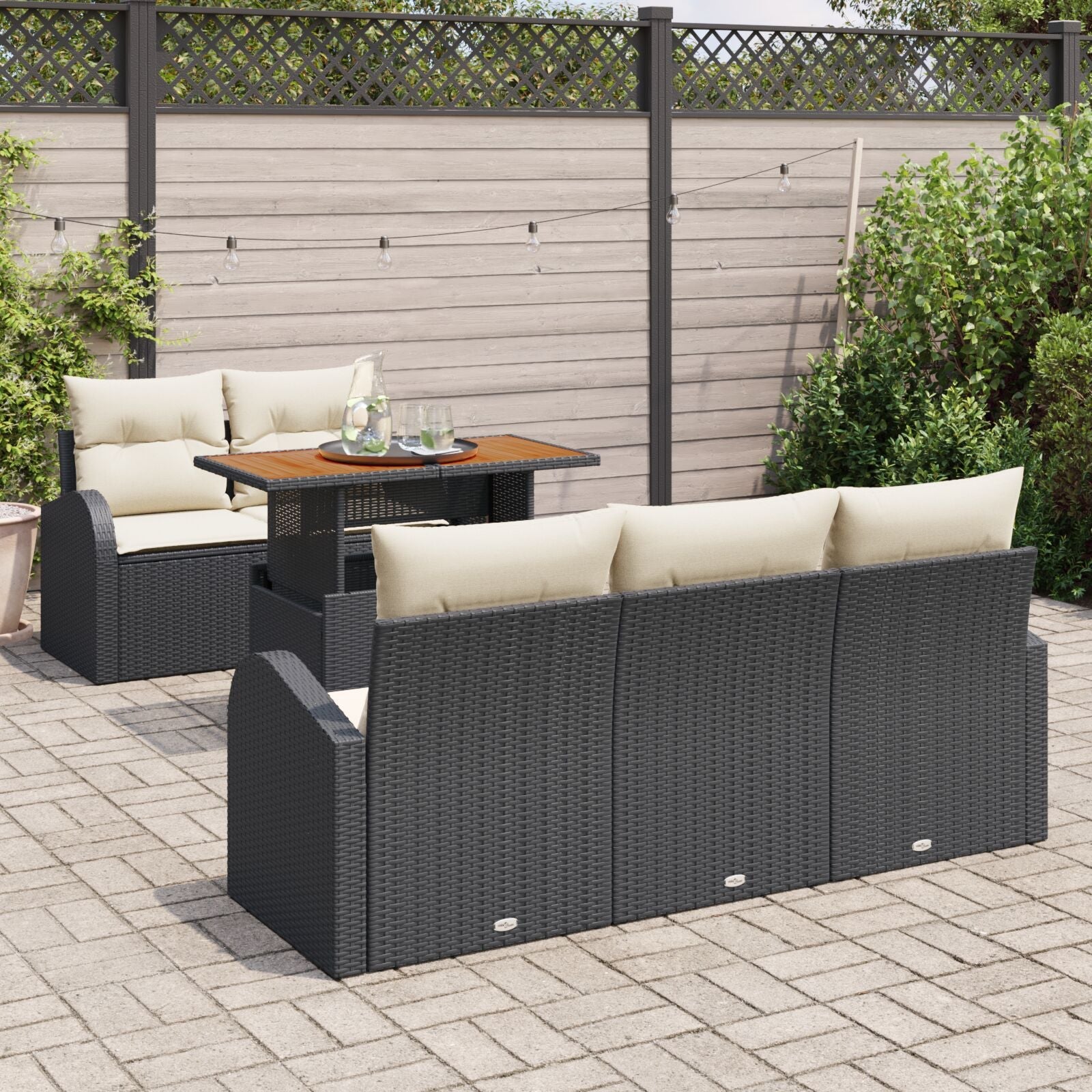 6-Piece Garden Dining Set with Cushions Black Polyethylene Rattan Acacia V6367 Vetonek