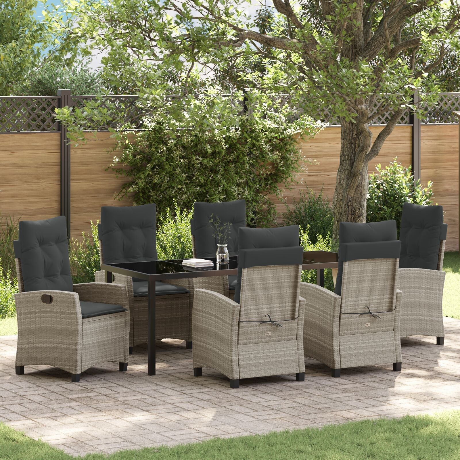 Conjunto de Comedor de Jardín de 7 Piezas con Cojines Gris Claro Poliratán V3321 Vetonek