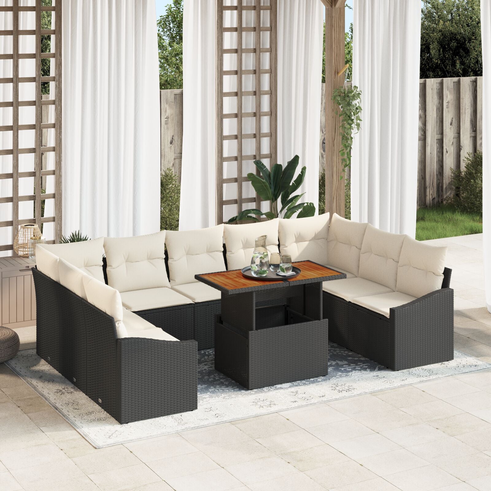 10 Piece Garden Dining Set with Cushions Black Polyrattan Acacia V9931 Vetonek