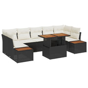 8 Piece Garden Dining Set with Cushions Black Polyester Rattan Acacia V1581 Vetonek