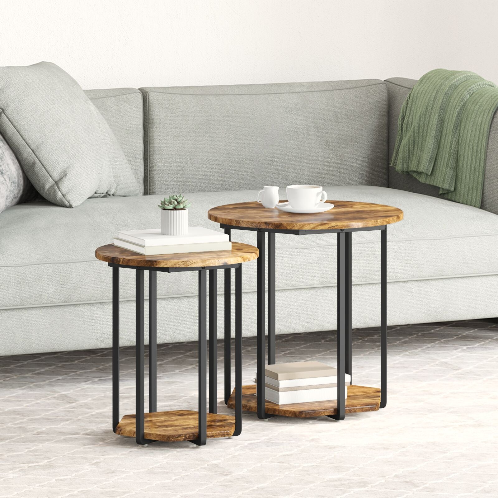 Mesa Lateral 2 pcs de Madera de Roble Ahumada y Metal V4368 Vetonek