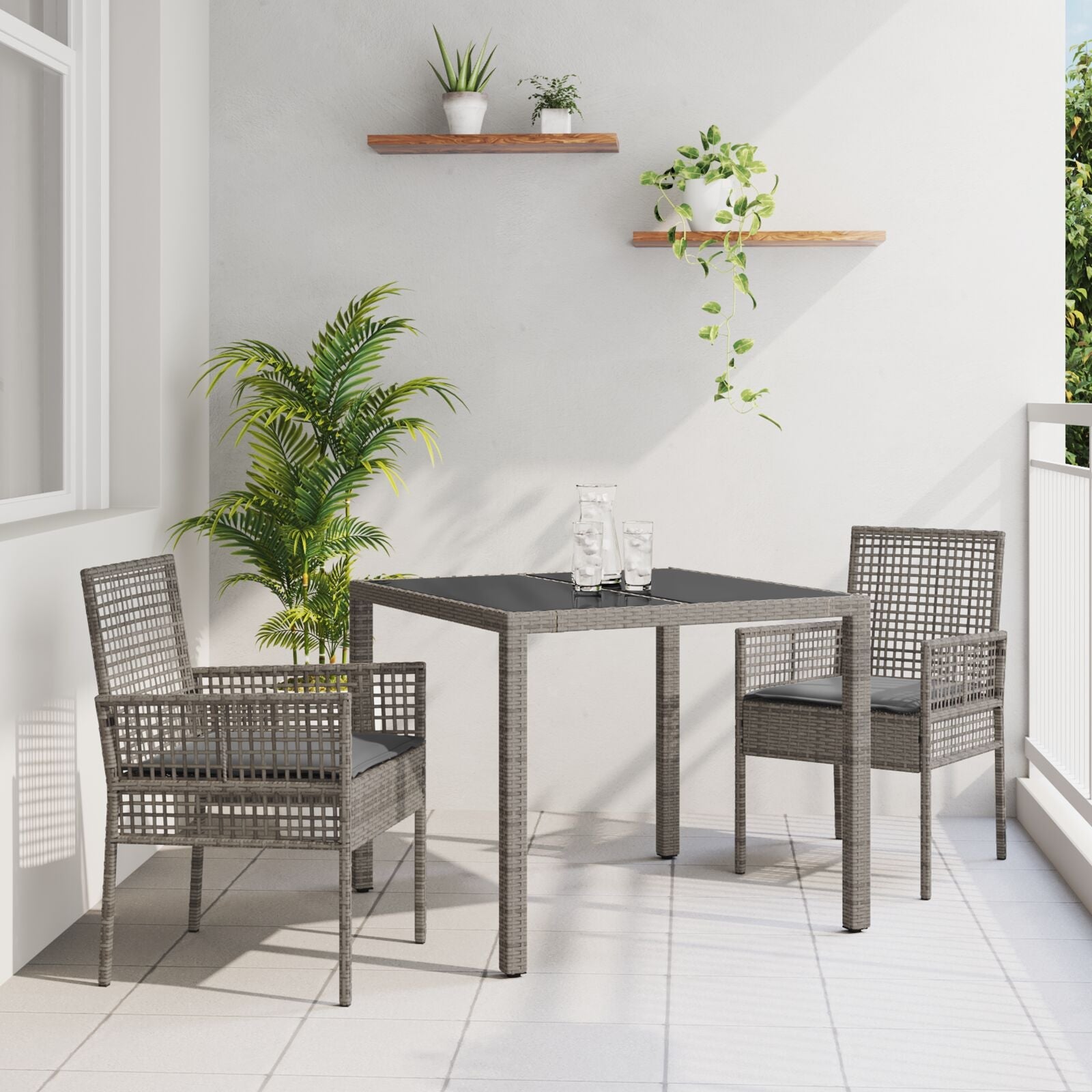 Conjunto de Comedor de Jardín de 3 Piezas con Cojines Gris de Poliratán V0917 Vetonek