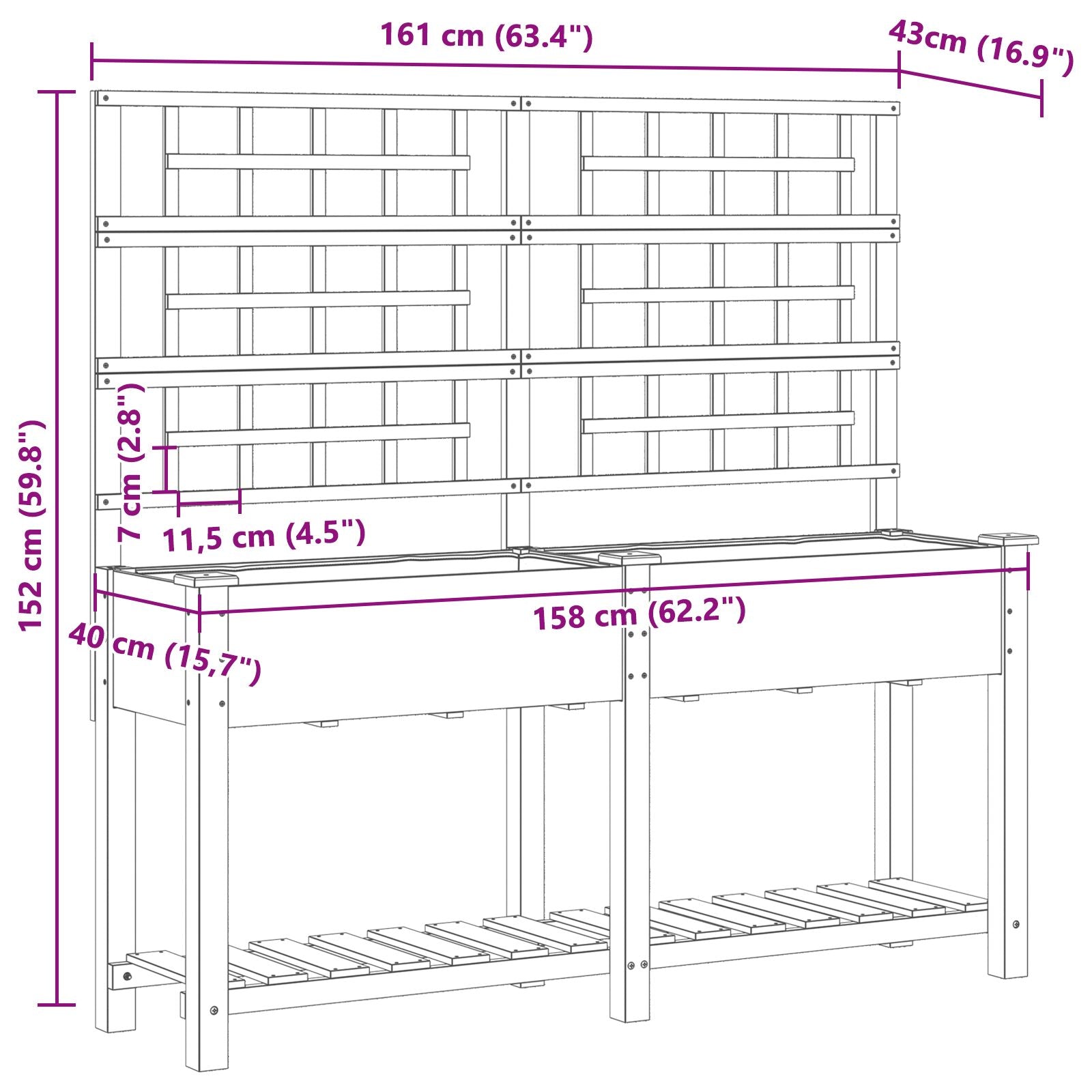 Plantador de Jardín con Enrejado y Estante 161x43x152 cm Madera Maciza de Pino V0609 Vetonek