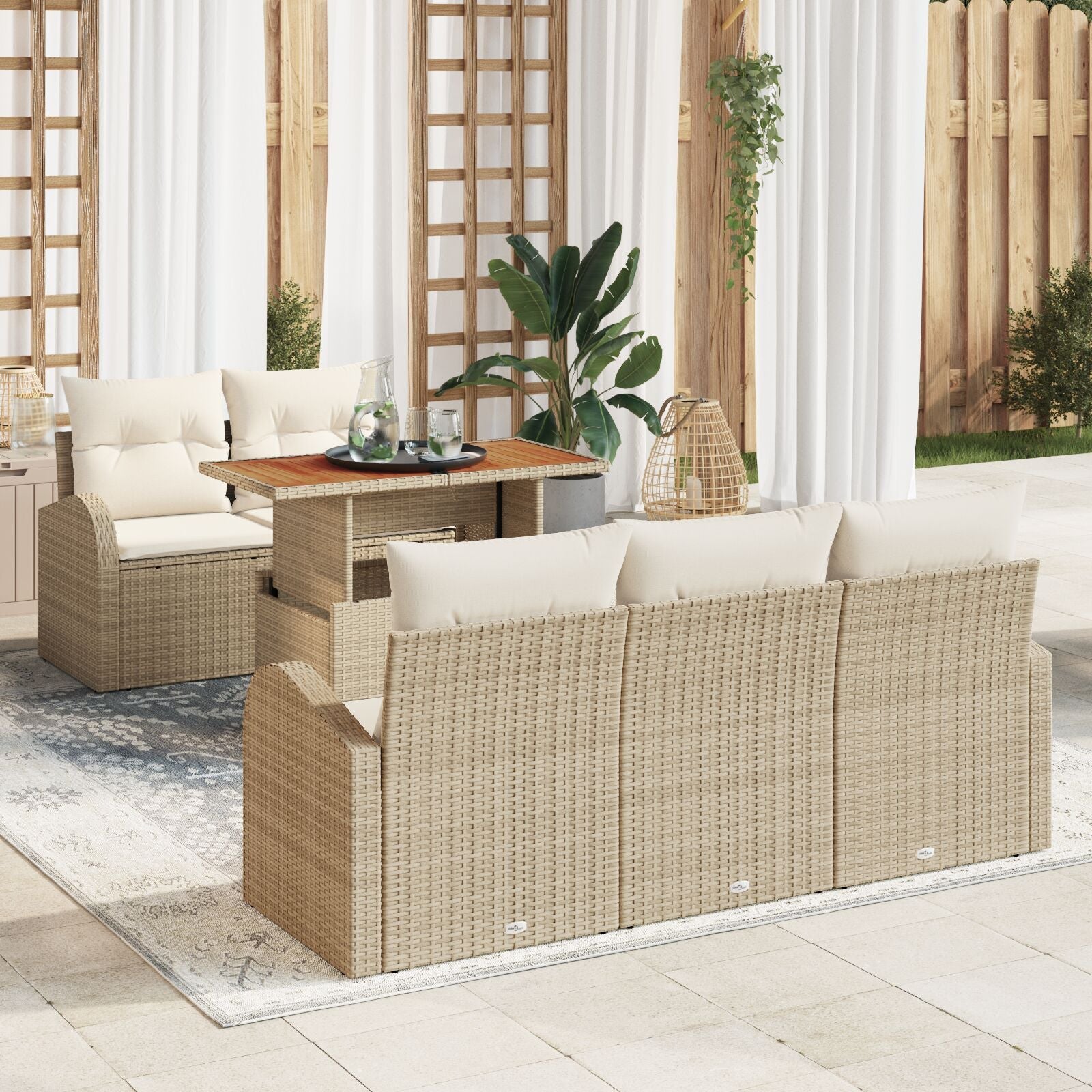 6 Piece Garden Dining Set with Beige Cushions Poly Rattan Acacia V6398 Vetonek