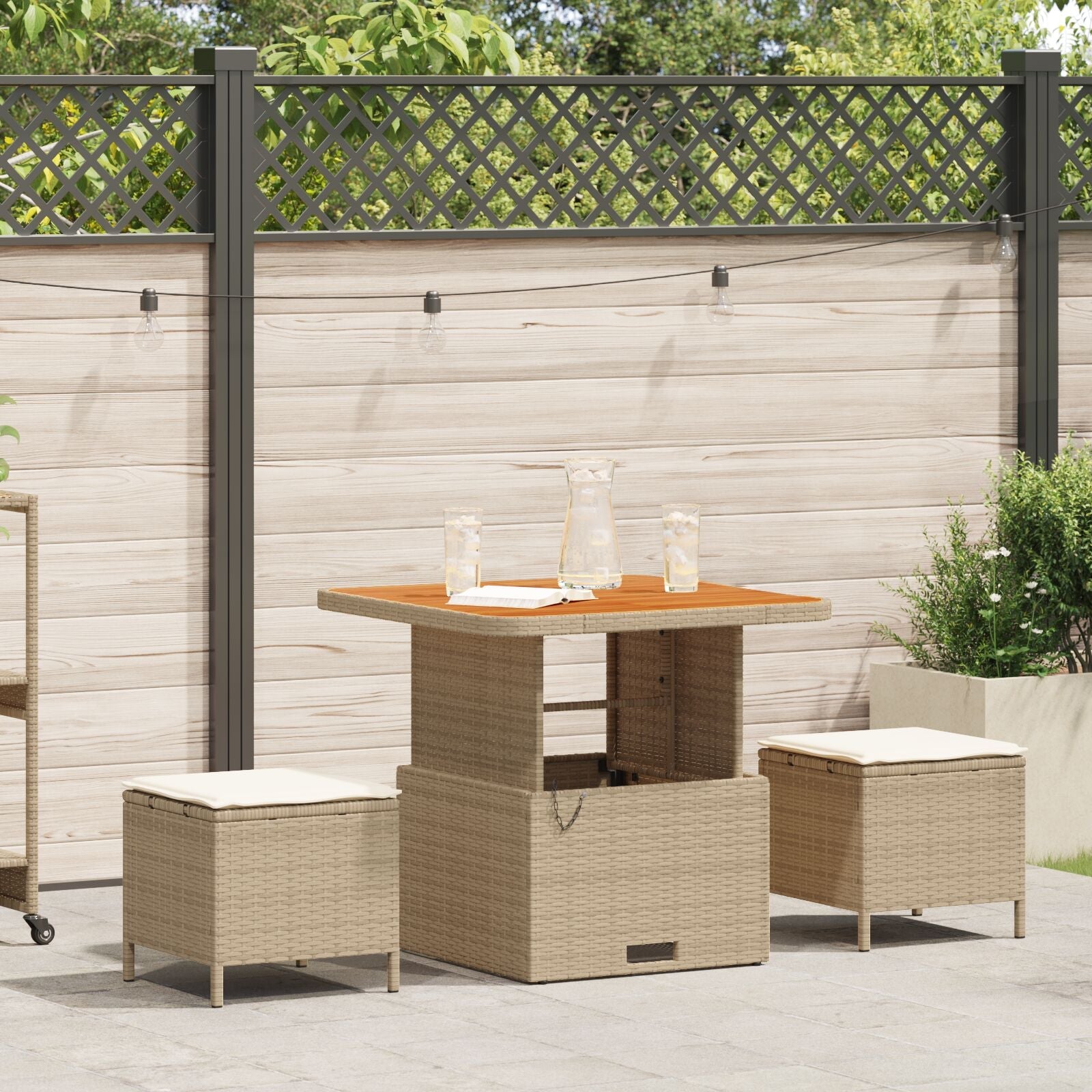 Conjunto de Comedor de Jardín de 3 Piezas con Cojines Beige de Ratán Poliéster y Acacia V0155 Vetonek