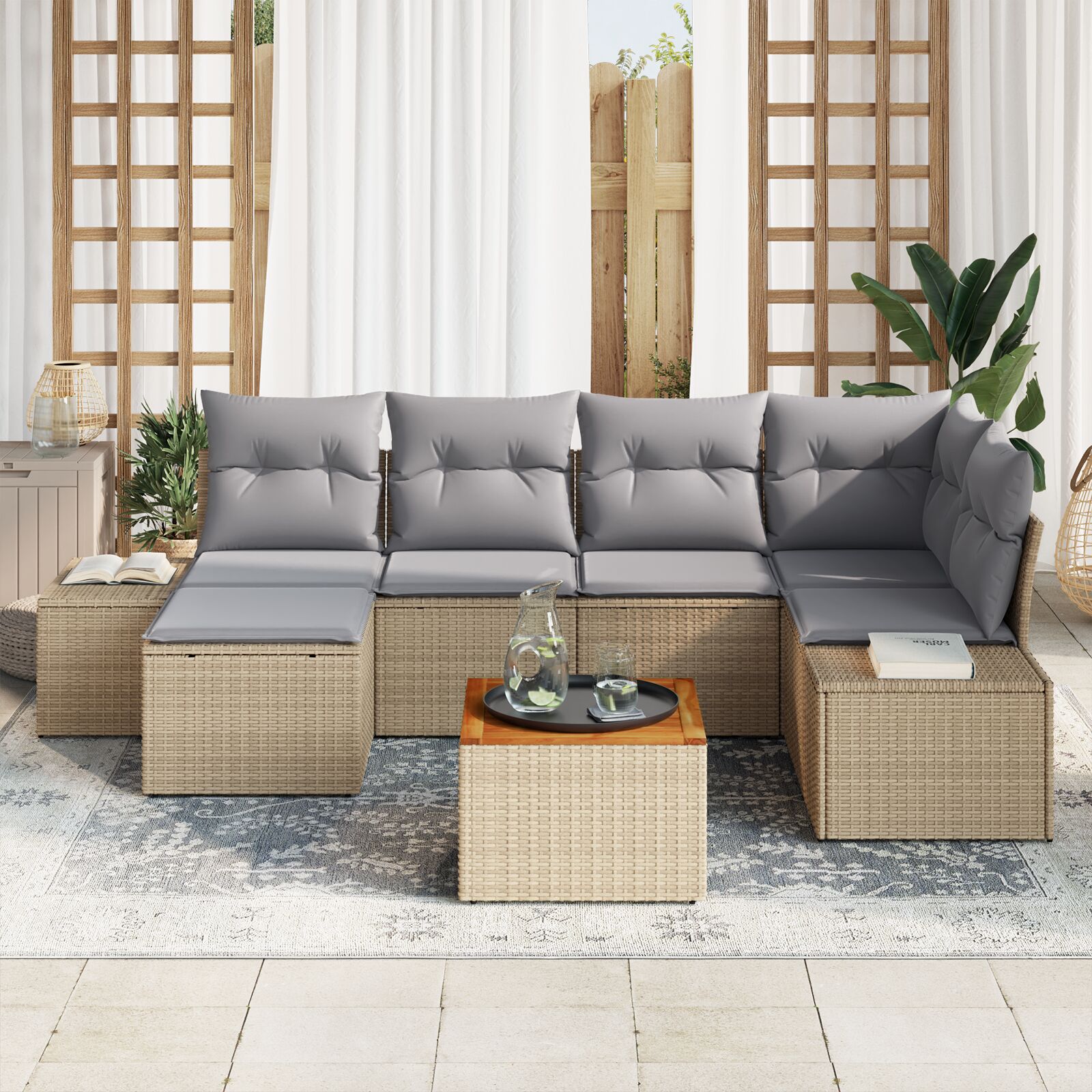 Conjunto de sofá de jardim de 7 peças com almofadas bege Polyrattan Acacia V0946 Vetonek