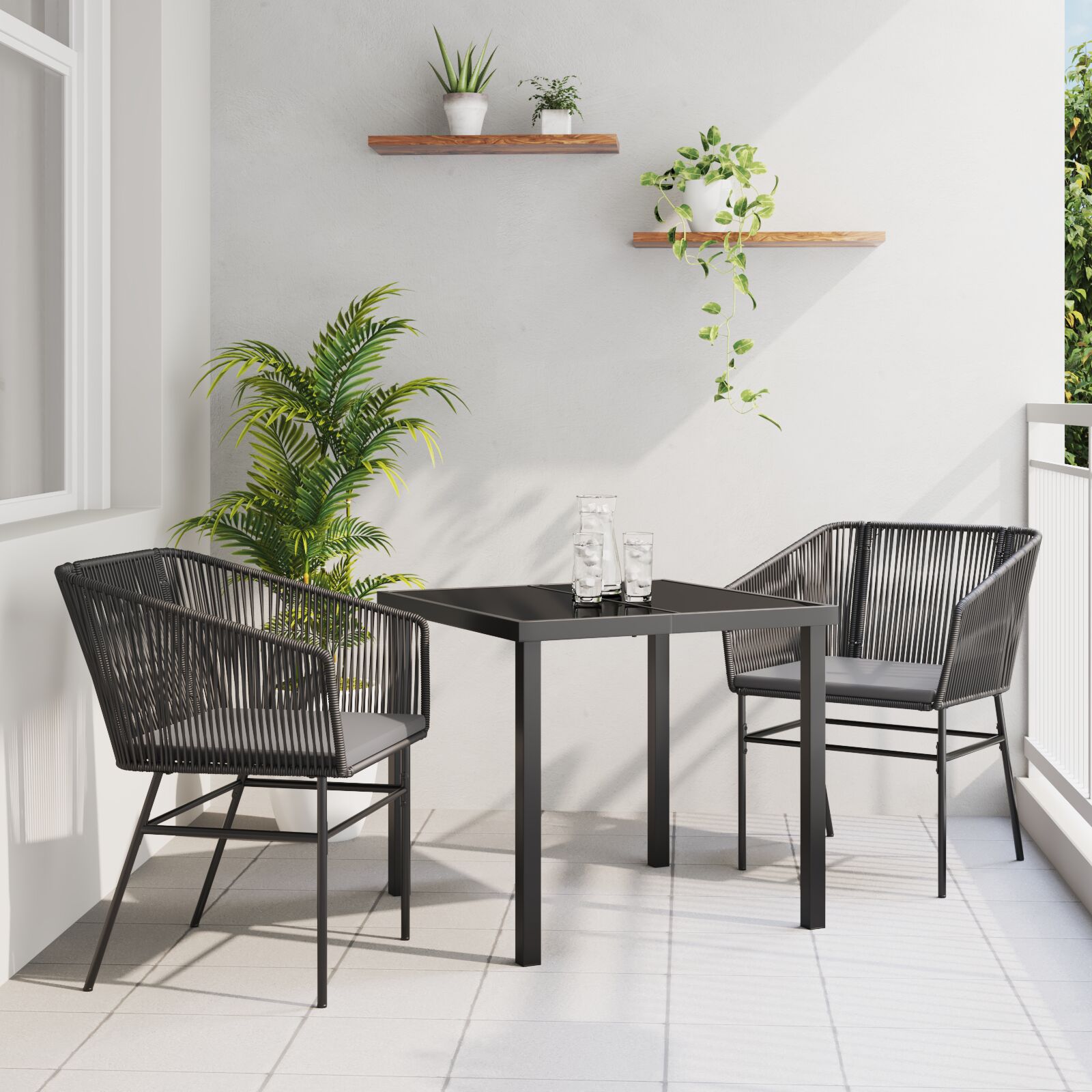 Set de Comedor de Jardín  de 3 piezas con Cojines Negro Poliratán V8388 Vetonek