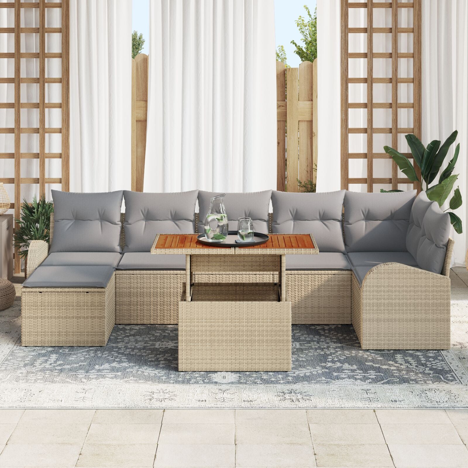 8-Piece Garden Dining Set with Beige Cushions Polyacacia Rattan V7296 Vetonek