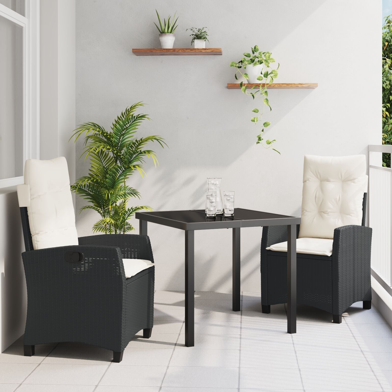 Conjunto de Comedor de Jardín de 3 Piezas con Cojines Negro Poliratán V2850 Vetonek