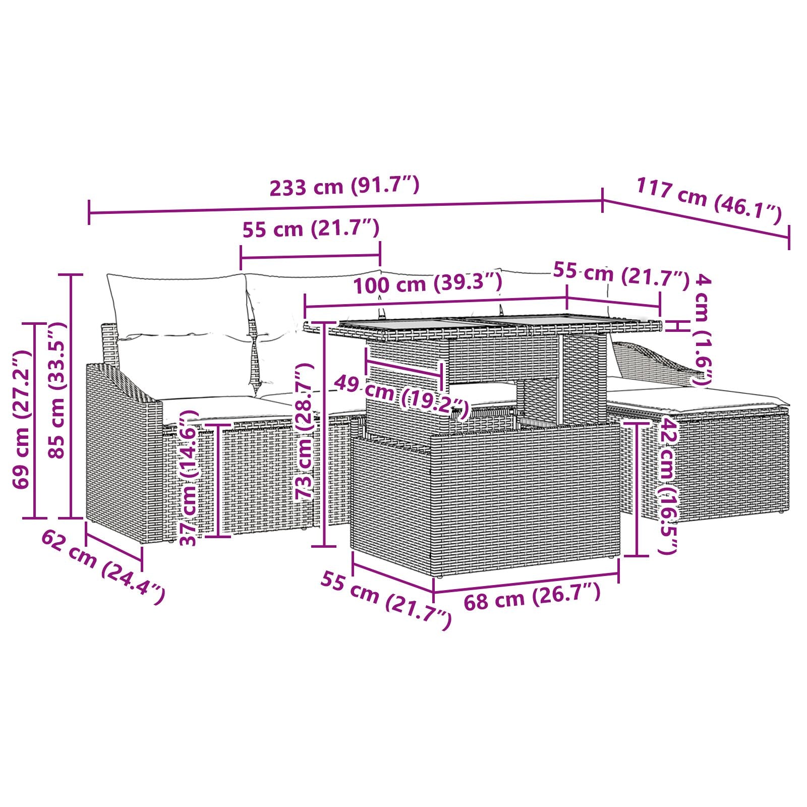 6 Piece Garden Dining Set with Black Polyester Rattan Cushions V9412 Vetonek