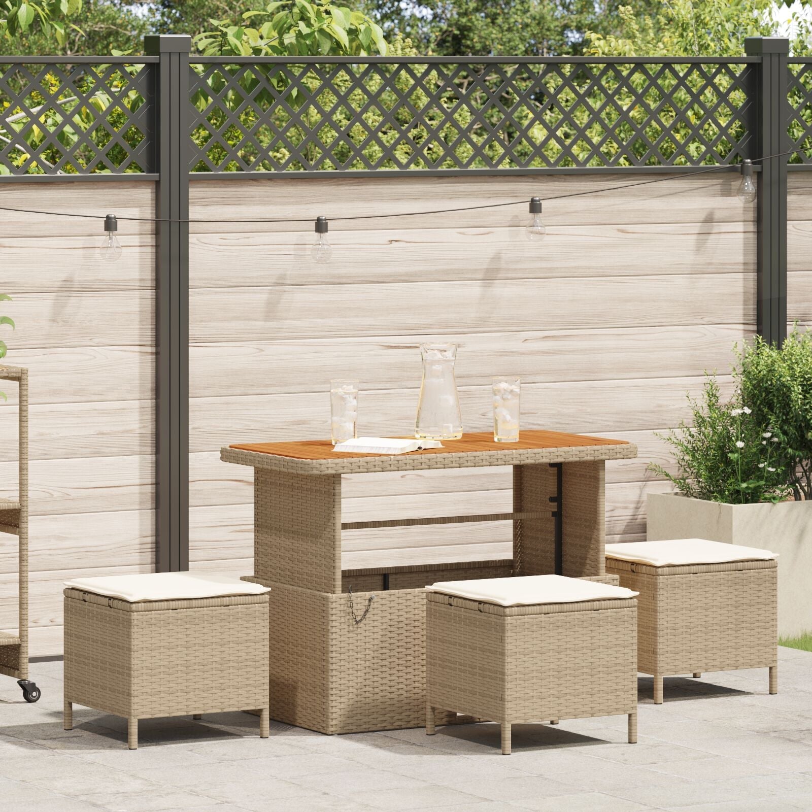 4 Piece Garden Dining Set with Beige Rattan and Acacia Cushions V0254 Vetonek