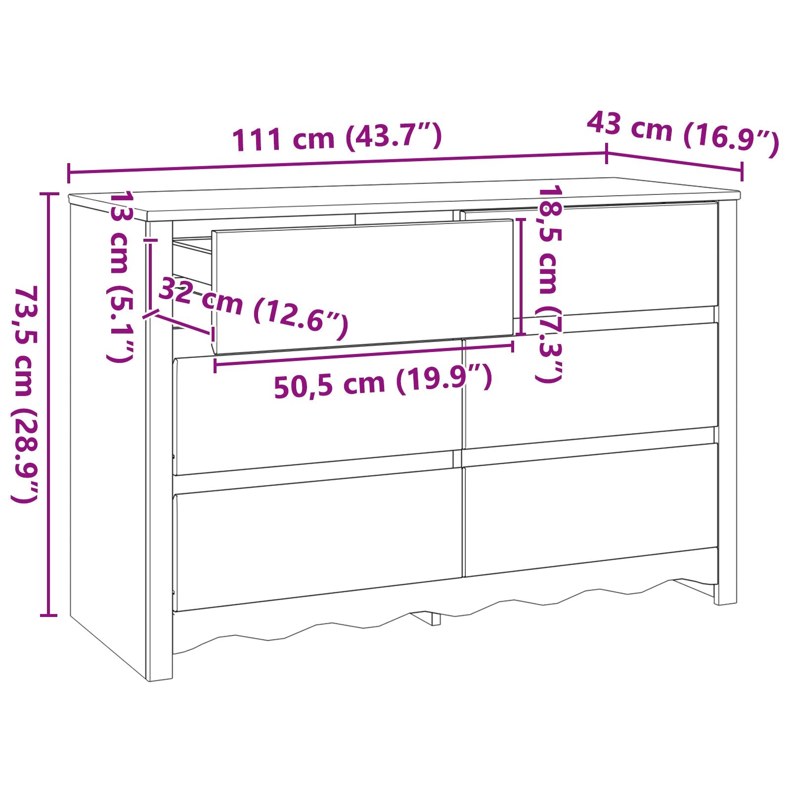Comoda ""DRAMMEN"" Blanca 111x43x73,5 cm de Madera Sólida de Pino V7071 Vetonek
