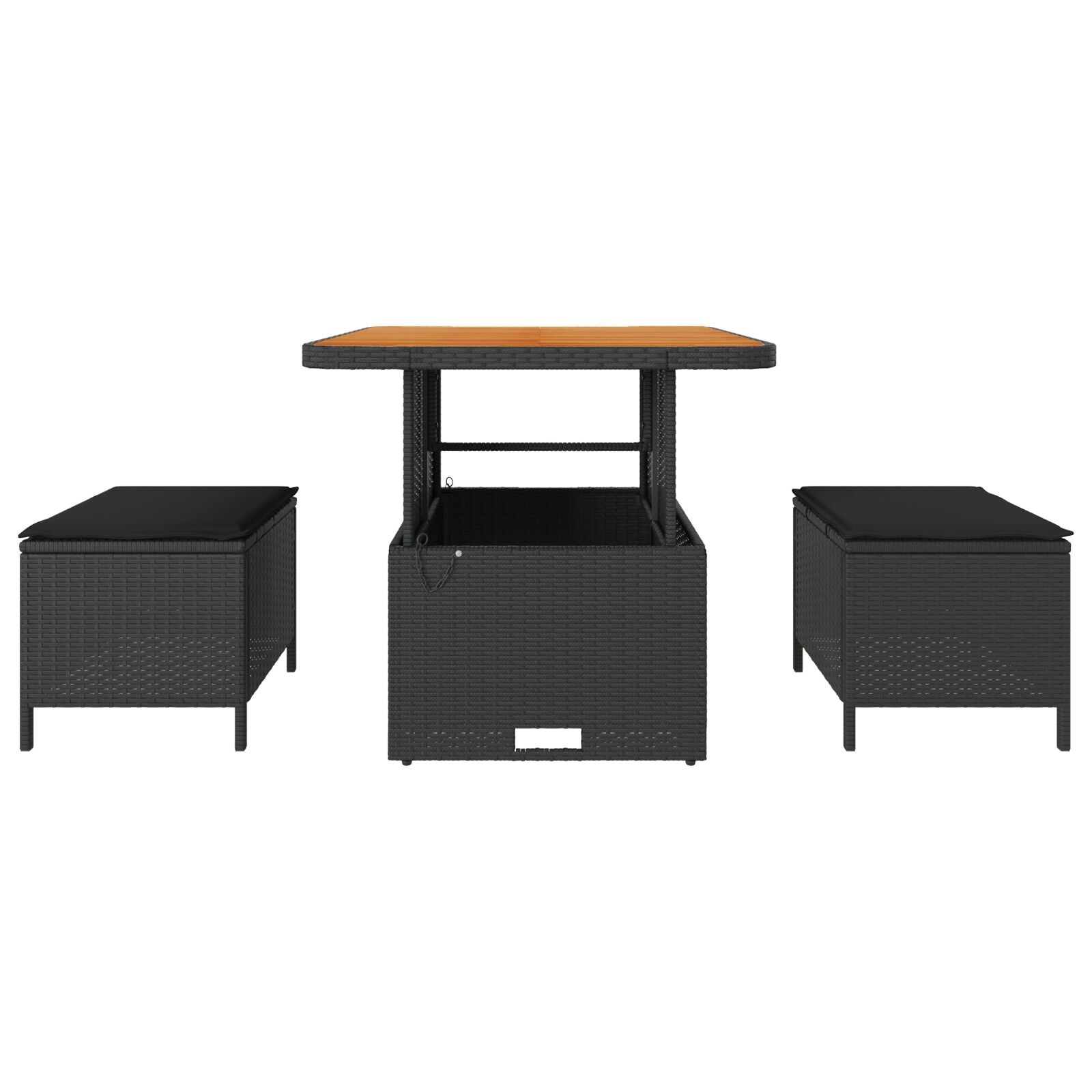 Conjunto de Comedor de Jardín de 3 Piezas con Cojines Negro de Ratán de Poliéster y Acacia V0131 Vetonek