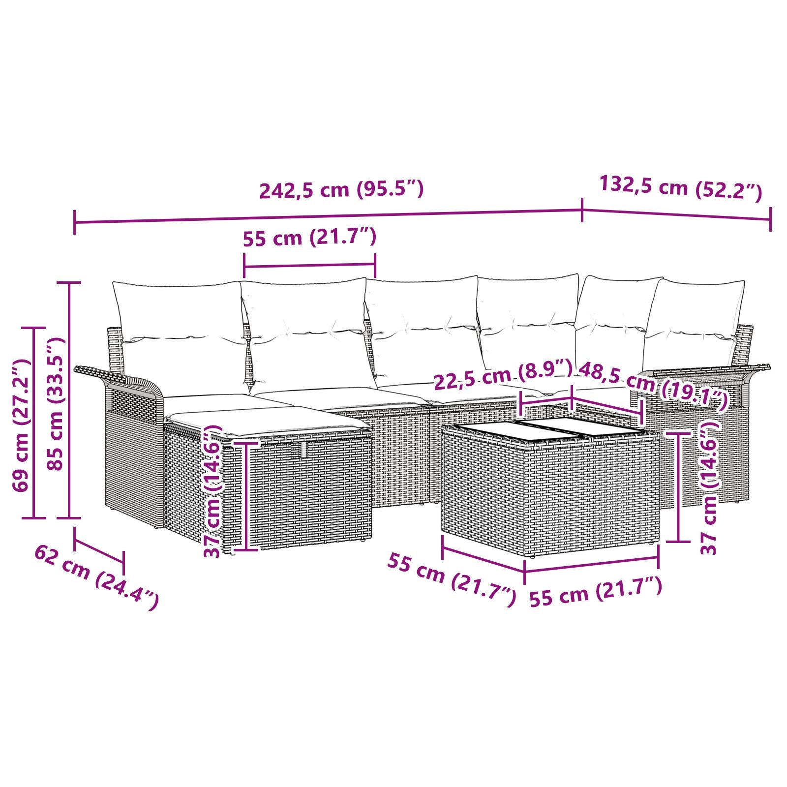 Conjunto de Sofás de Jardín de 7 Piezas con Cojines Negros de Poliratán V0899 Vetonek