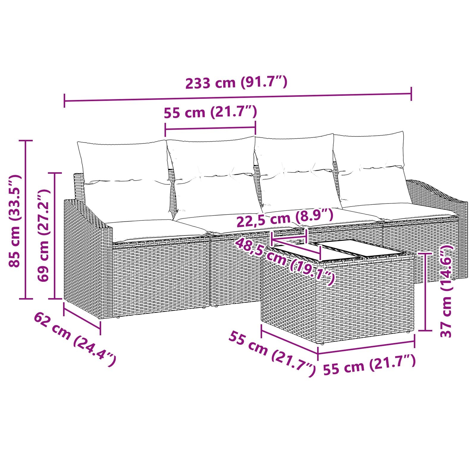 Juego de Comedor de Jardín de 5 Piezas con Cojines Beige de Ratán Poliéster V5300 Vetonek