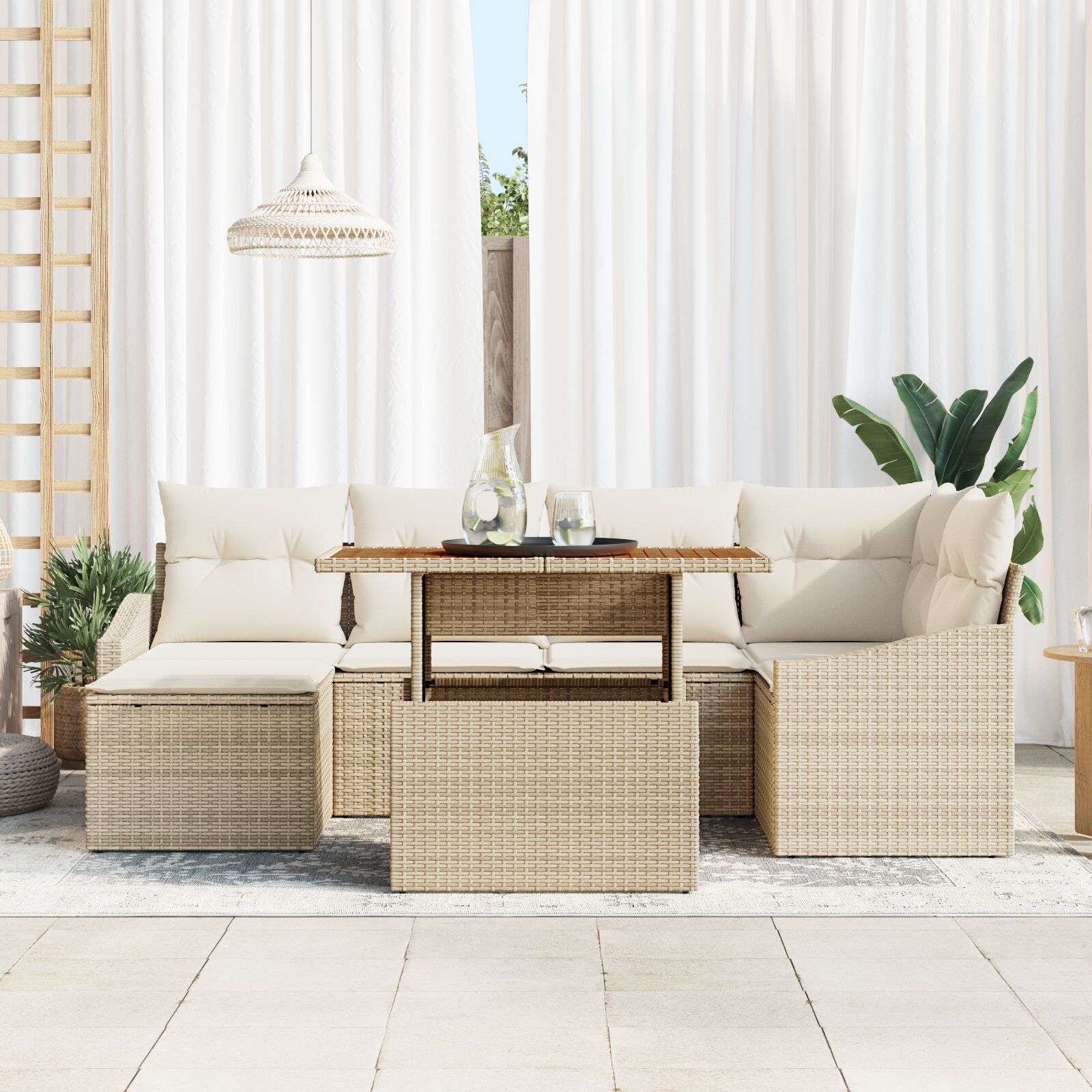 Conjunto de 7 Piezas para Comedor de Jardín con Cojines Beige de Rattan Sintético y Acacia V9757 Vetonek