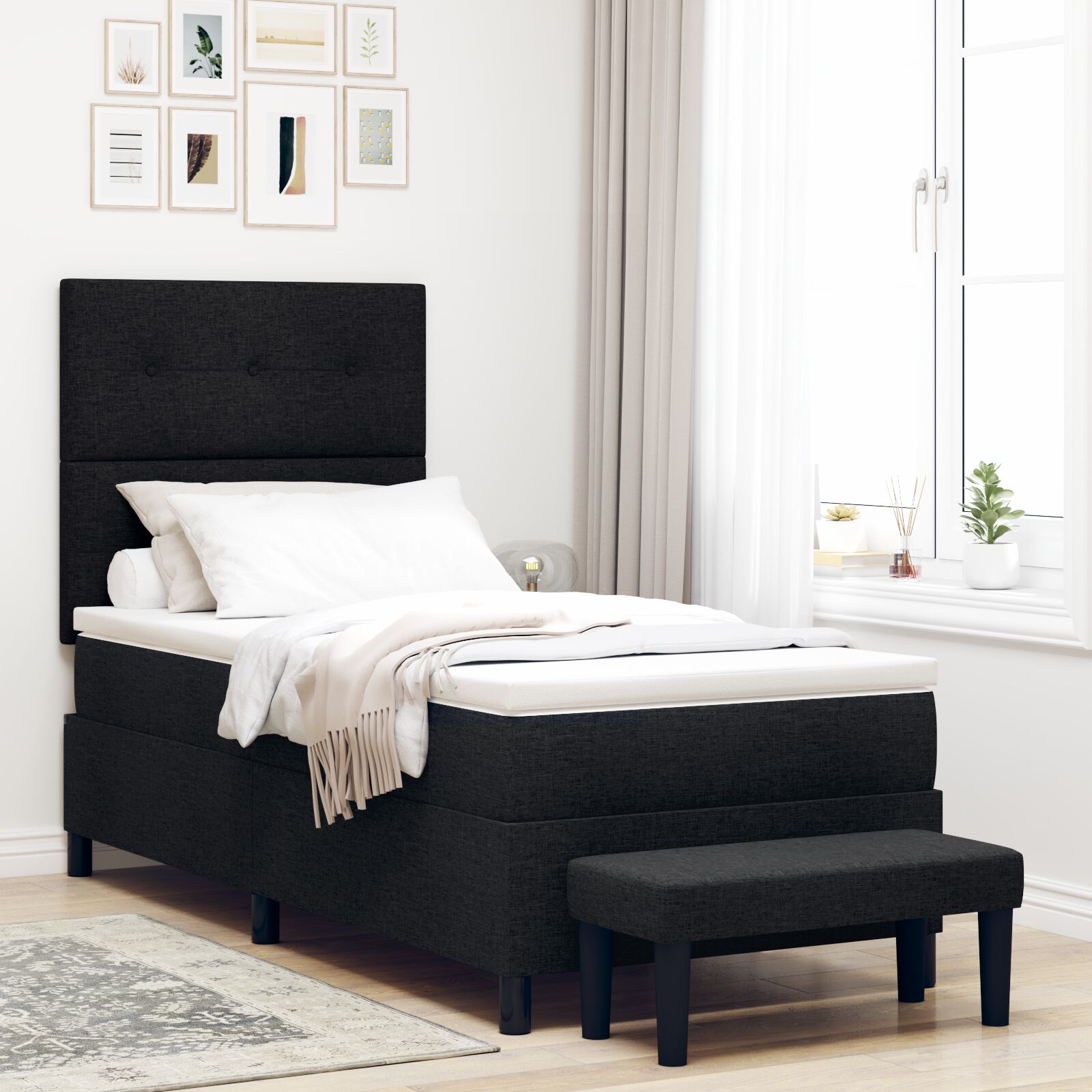 Bed with Slatted Base with Mattress and Bench Black 90x190 cm Fabric V0796 Vetonek