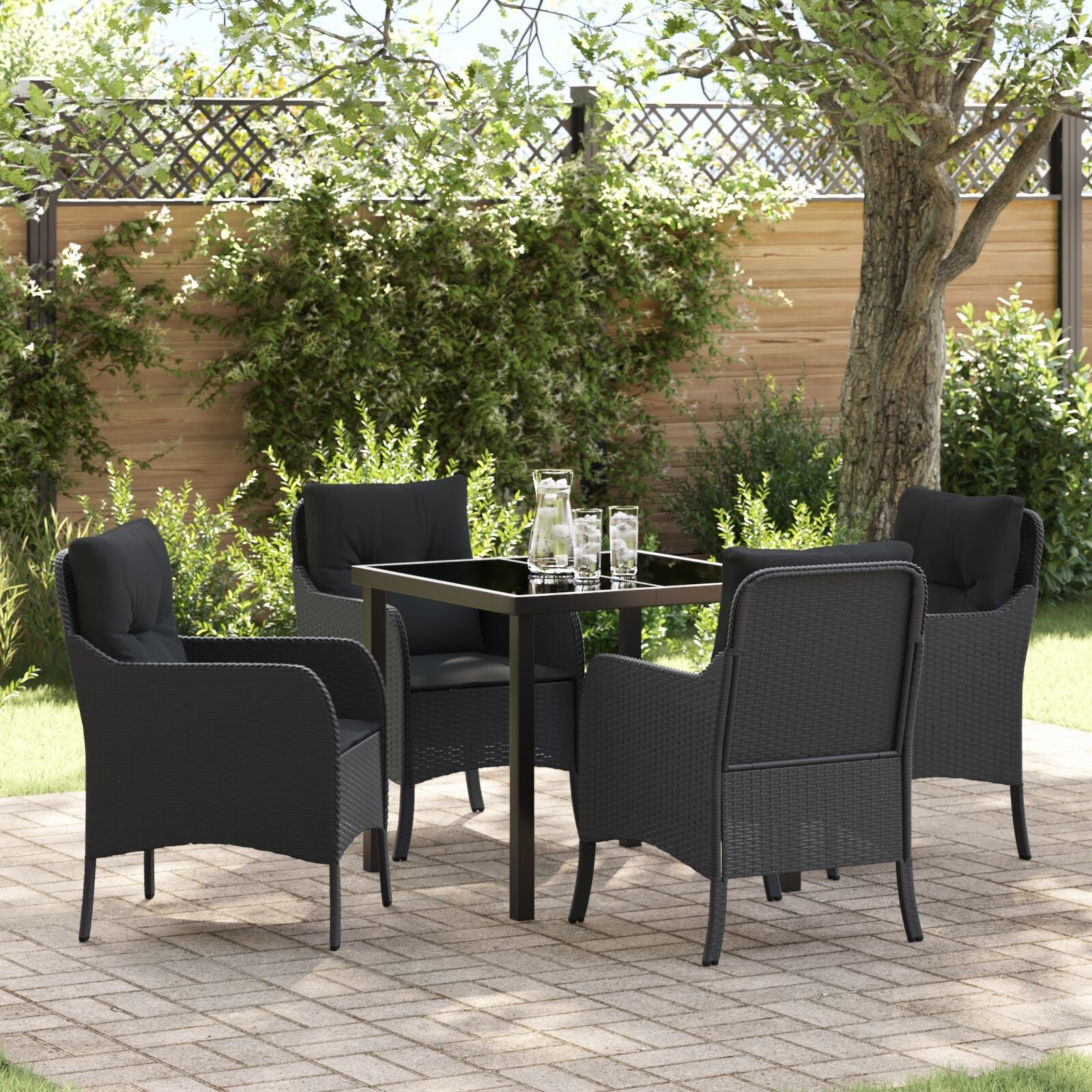 Conjunto de Comedor de Jardín de 5 Piezas con Cojines Rattan Poliéster Negro V0696 Vetonek