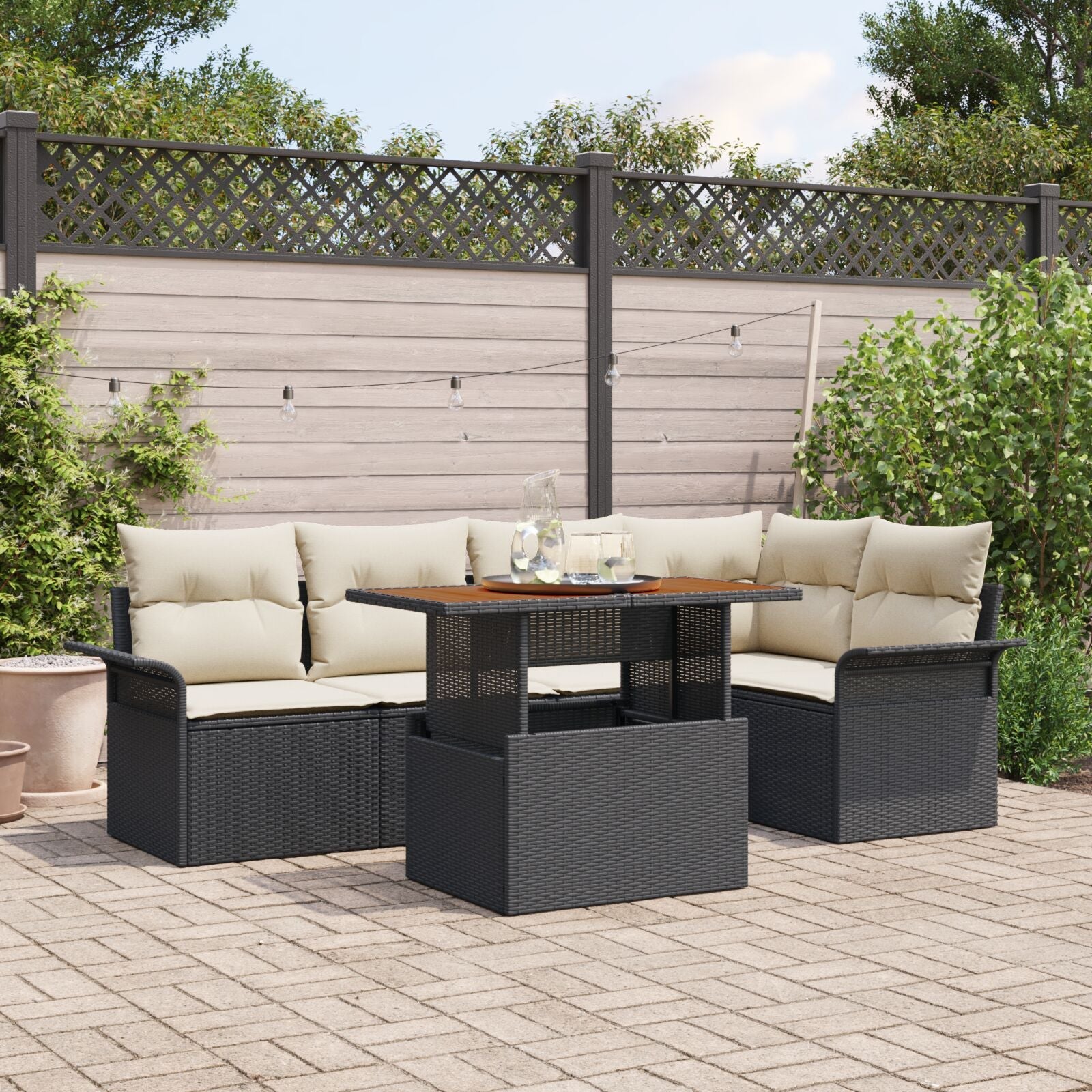 6 Piece Garden Dining Set with Cushions Black Polymeric Rattan Acacia V4479 Vetonek