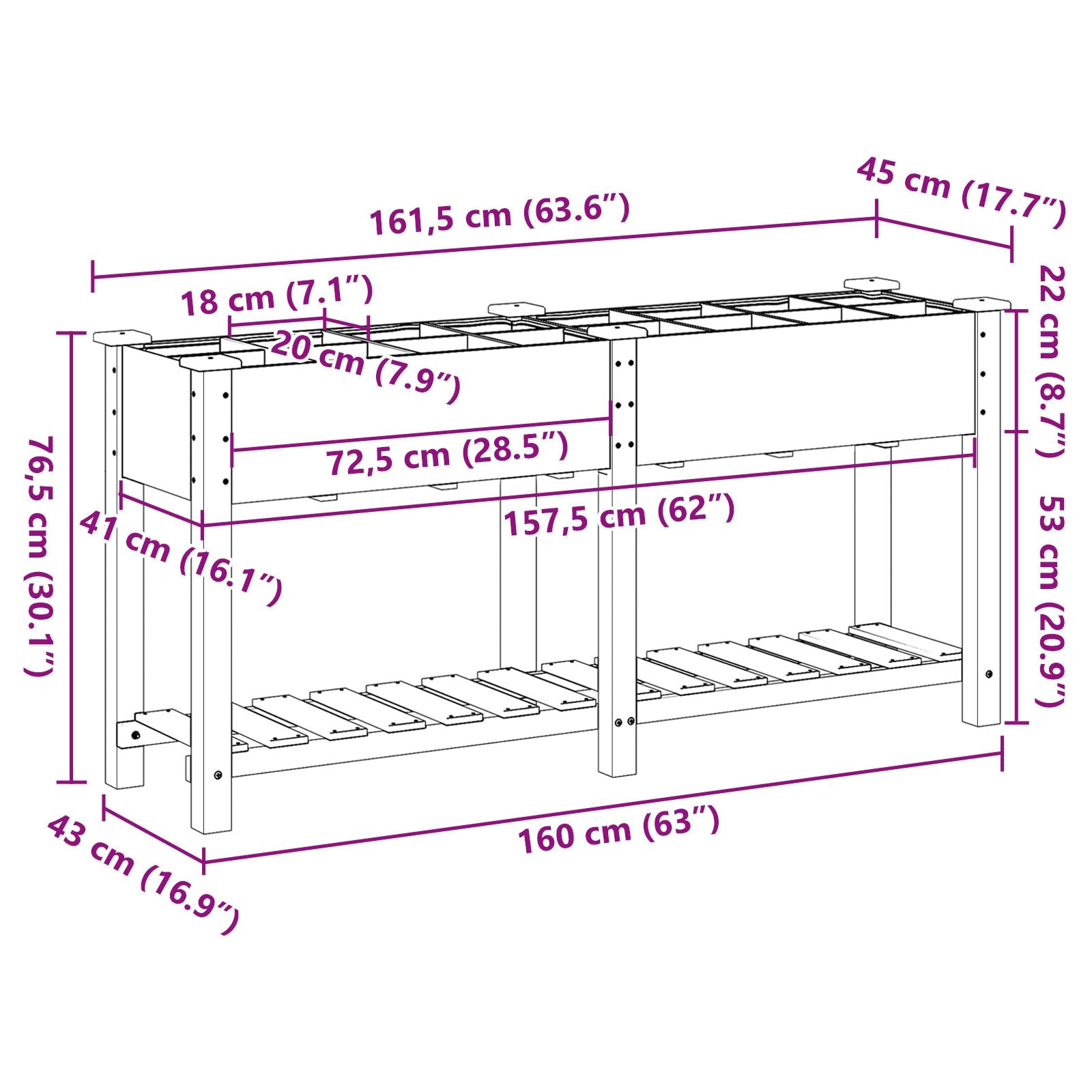 Jardín Planter de con Rejillas 161x43x76 cm Madera Sólida de Abeto V0692 Vetonek