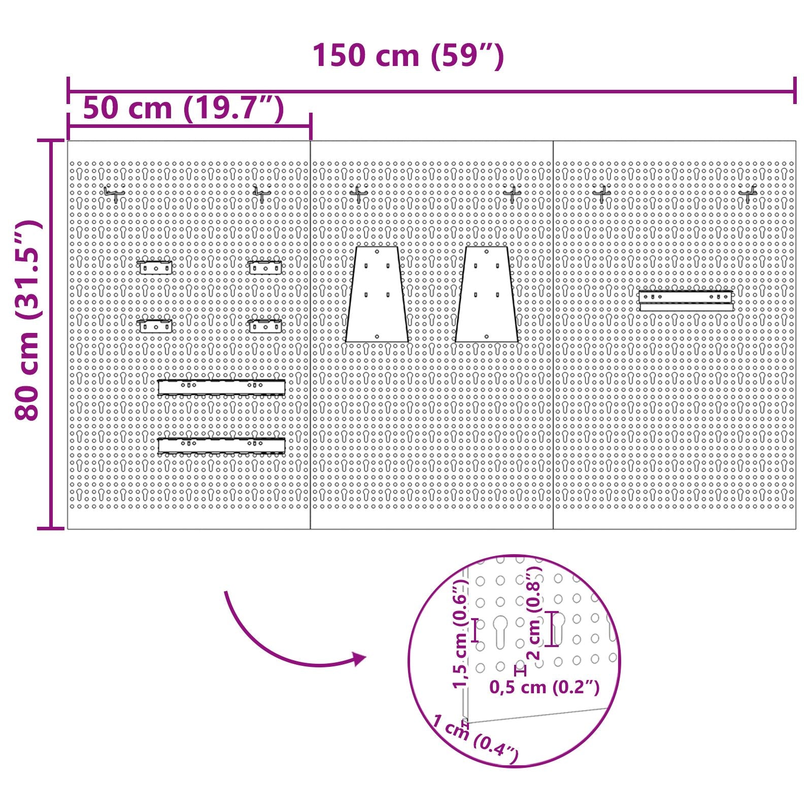 Tableros de Perforación 3 pcs con 15 Accesorios Gris 50x80 cm Acero V0254 Vetonek