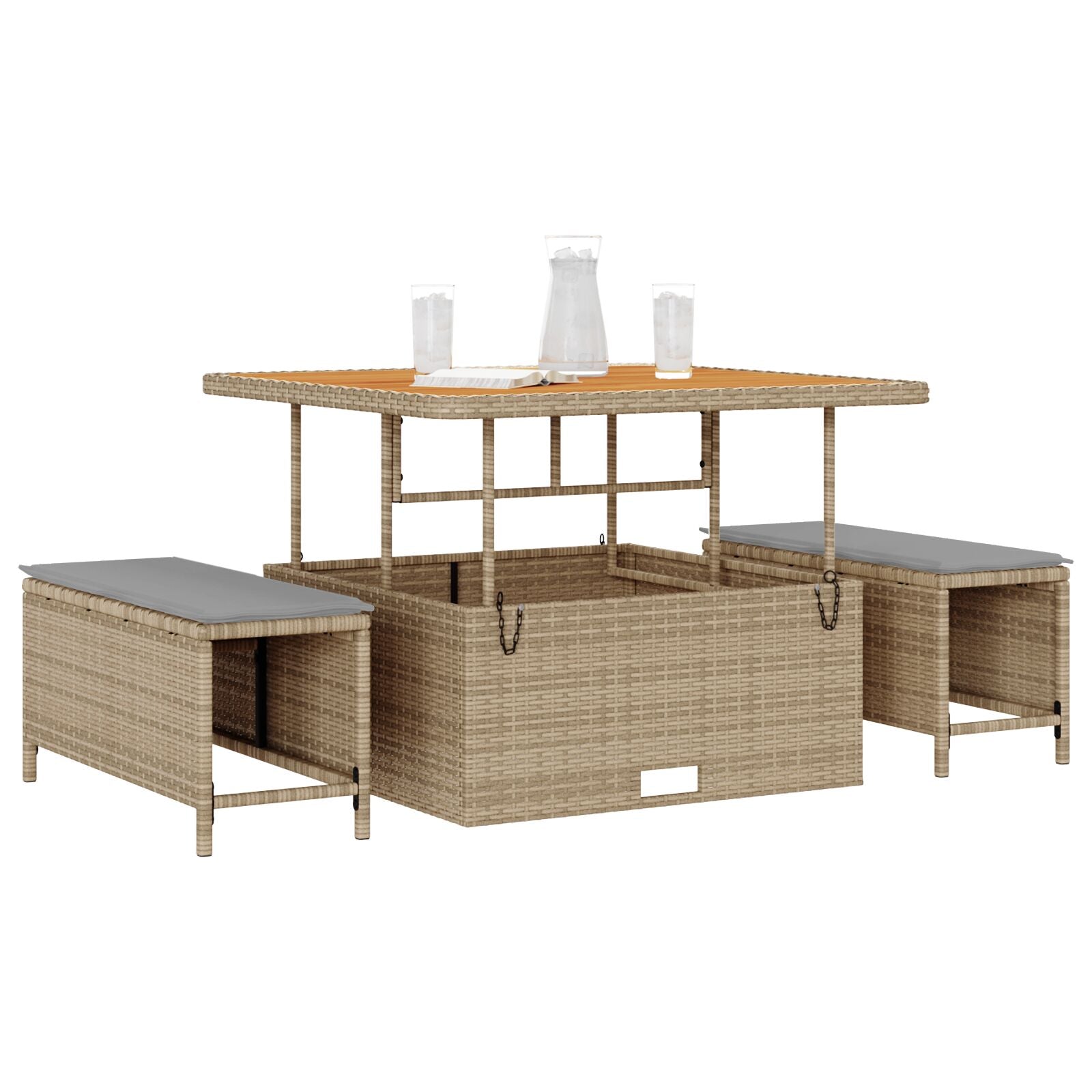 Conjunto de Comedor de Jardín de 3 Piezas con Cojines Beige de Ratán Polímero y Acacia V0117 Vetonek