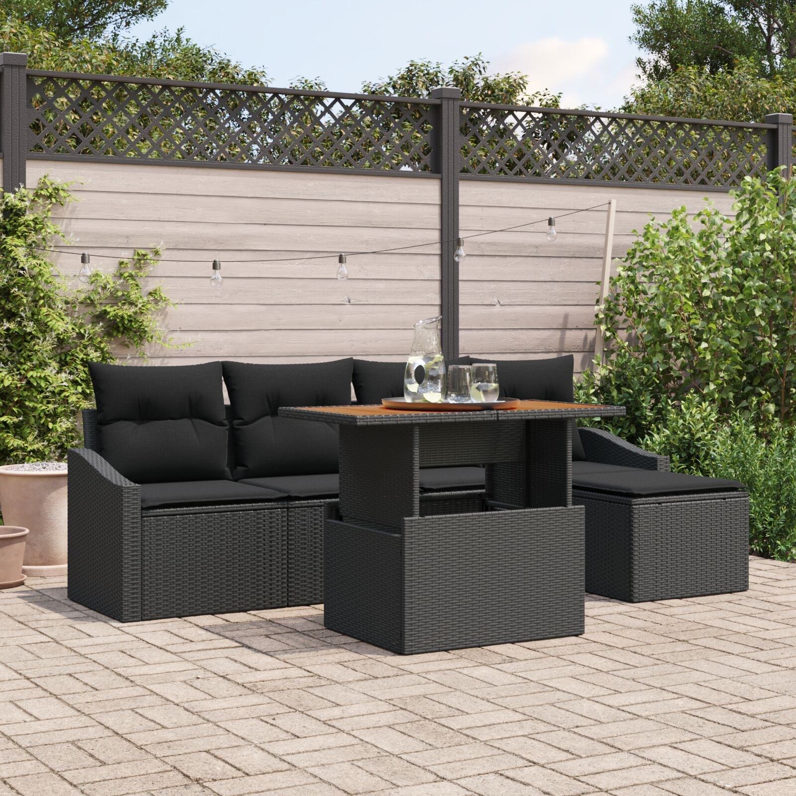 6 Piece Garden Dining Set with Black Polyester Rattan Cushions V9412 Vetonek