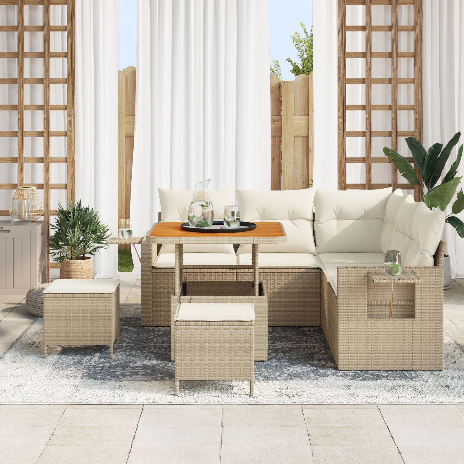 Conjunto de Sofá de Jardín de 8 Piezas con Cojines Ratán Beige Acacia, Conjunto de Comedor de Jardín de 3 Piezas con Cojines Ratán Beige Acacia V8609 Vetonek