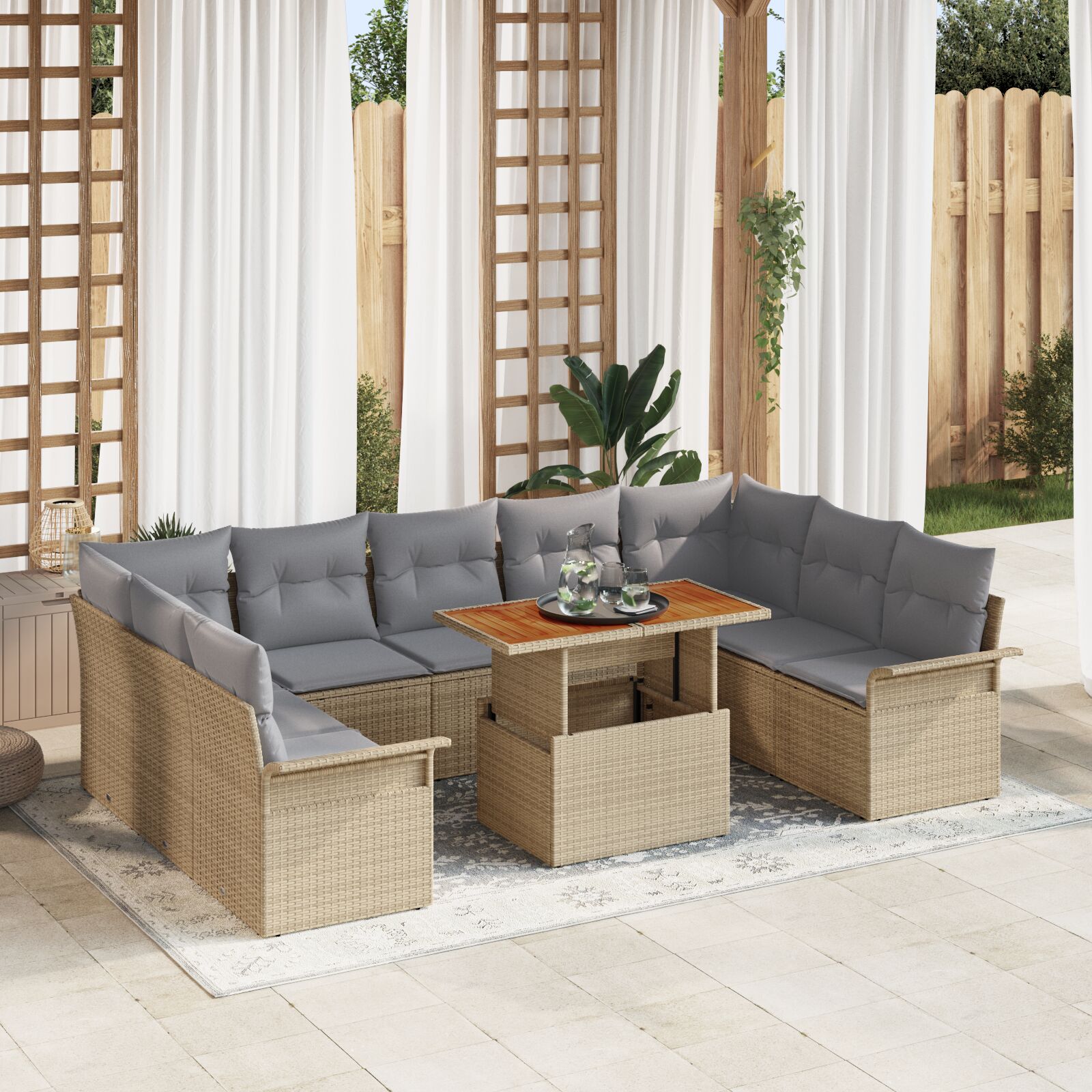 10-Piece Garden Dining Set with Beige Cushions Polyrattan Acacia V4912 Vetonek